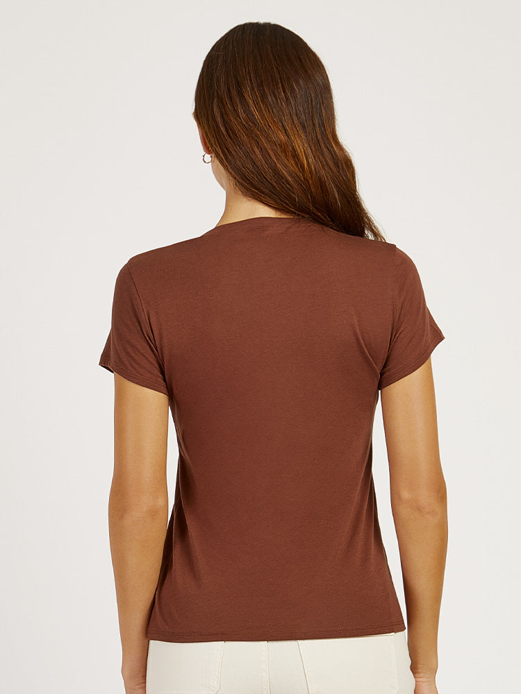 Women wearing Mocha Fitted V-Neck Marcy Tee