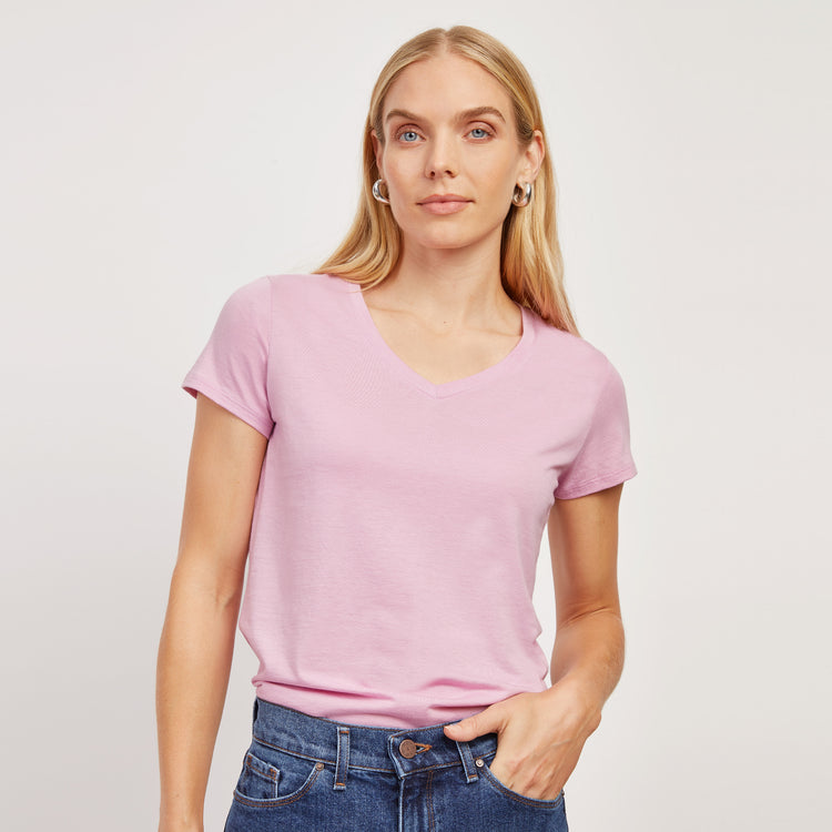 Women wearing Rose Pink Fitted V-Neck Marcy Tee