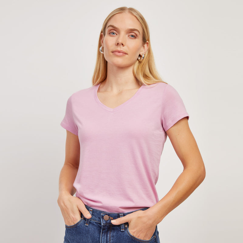 Women wearing Rose Pink Fitted V-Neck Marcy Tee