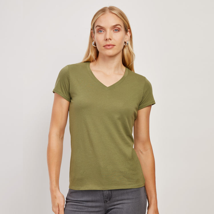 Women wearing Rosemary Fitted V-Neck Marcy Tee