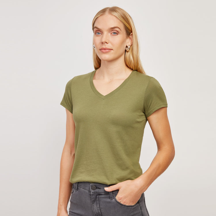 Women wearing Rosemary Fitted V-Neck Marcy Tee