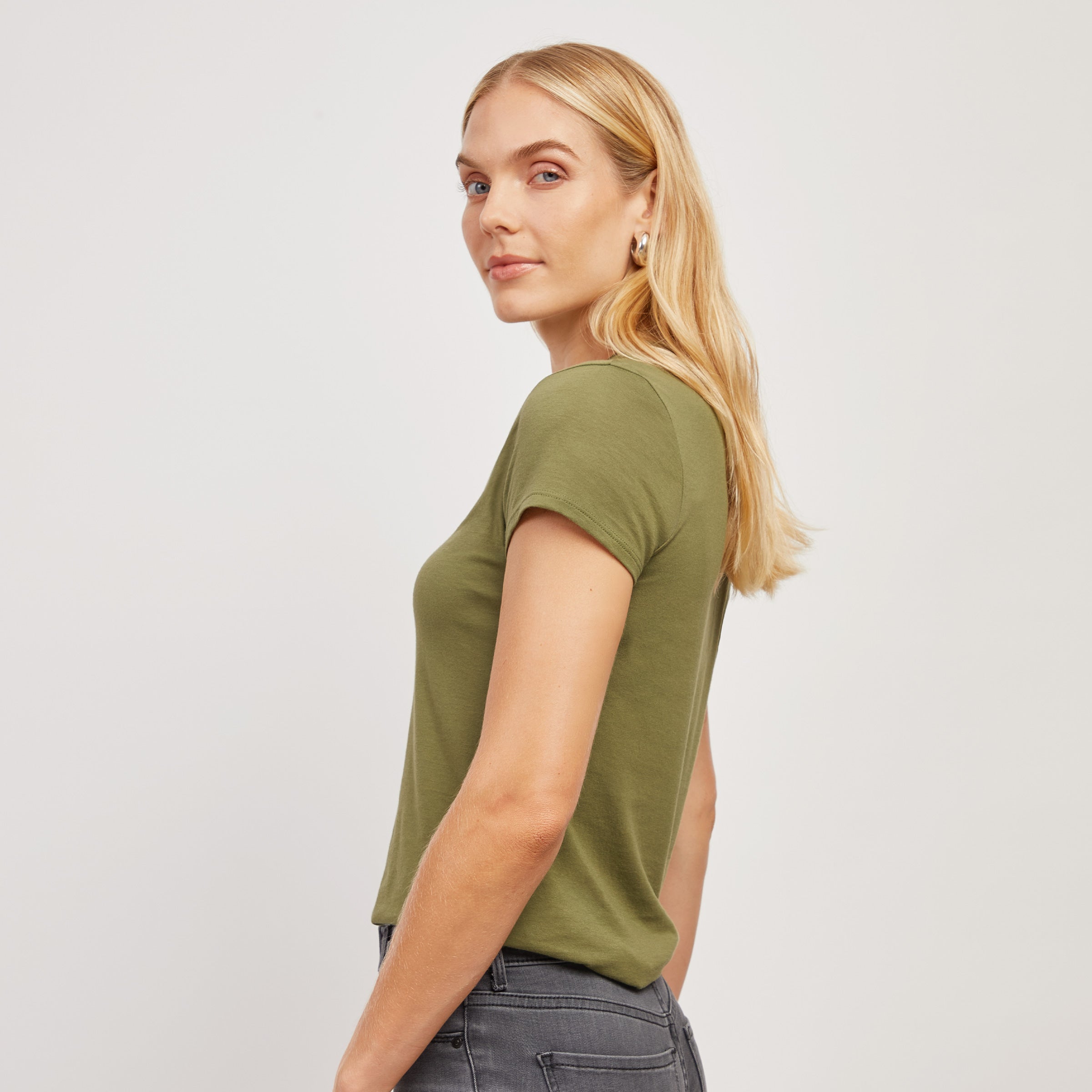 Women wearing Rosemary Fitted V-Neck Marcy Tee