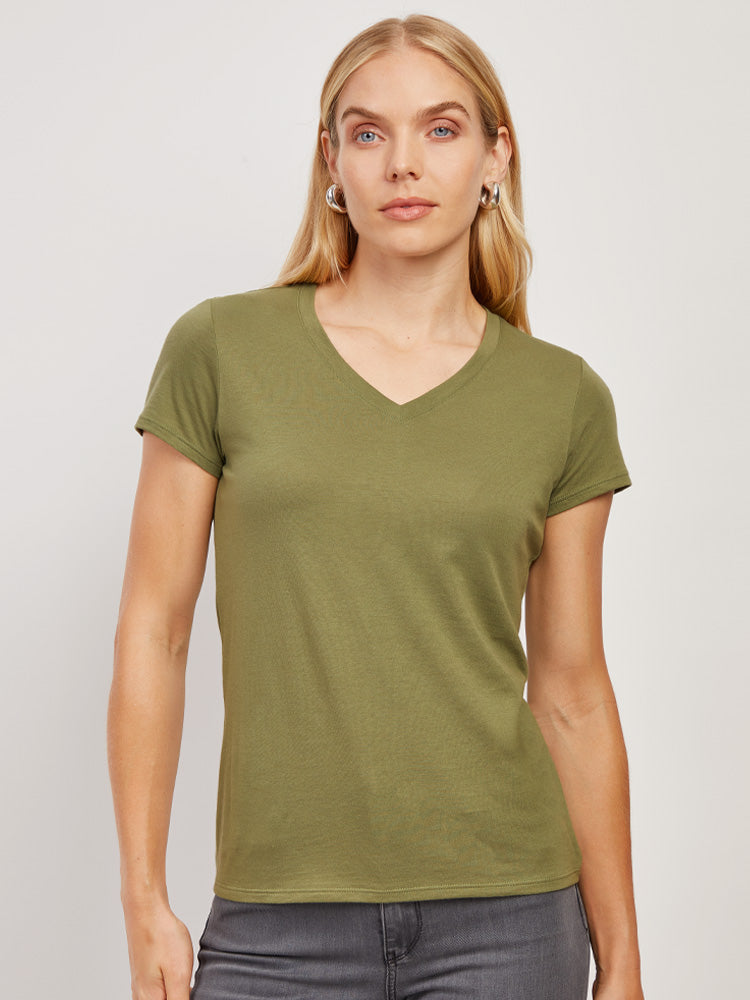 Women wearing Rosemary Fitted V-Neck Marcy Tee