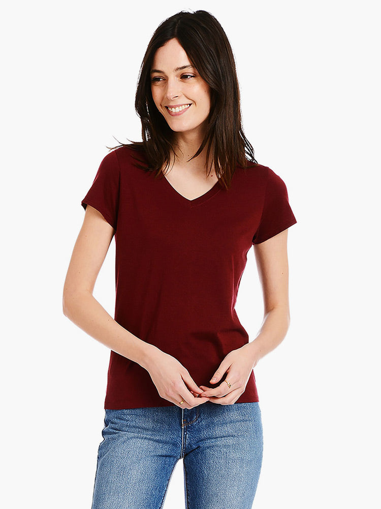 Women wearing Crimson Fitted V-Neck Marcy Tee