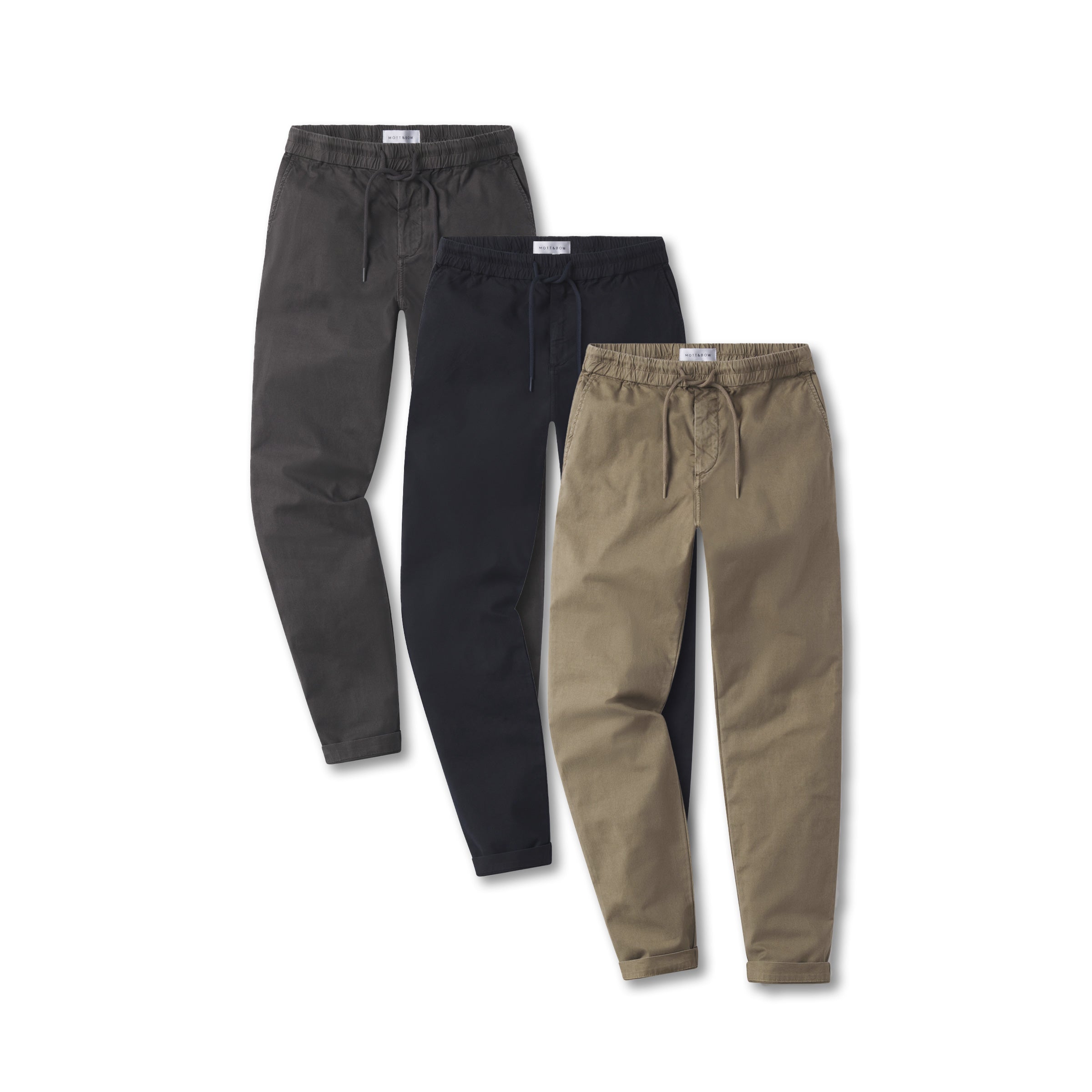  wearing Khaki/Dark Gray/Navy The Leisure Pants 3-Pack