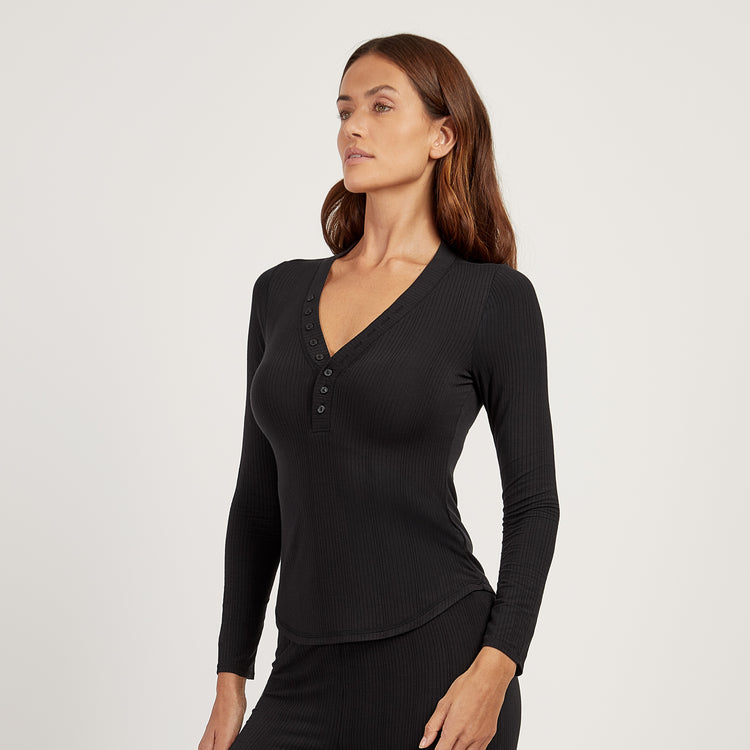 Women wearing Black Lounge Long Sleeve Henley