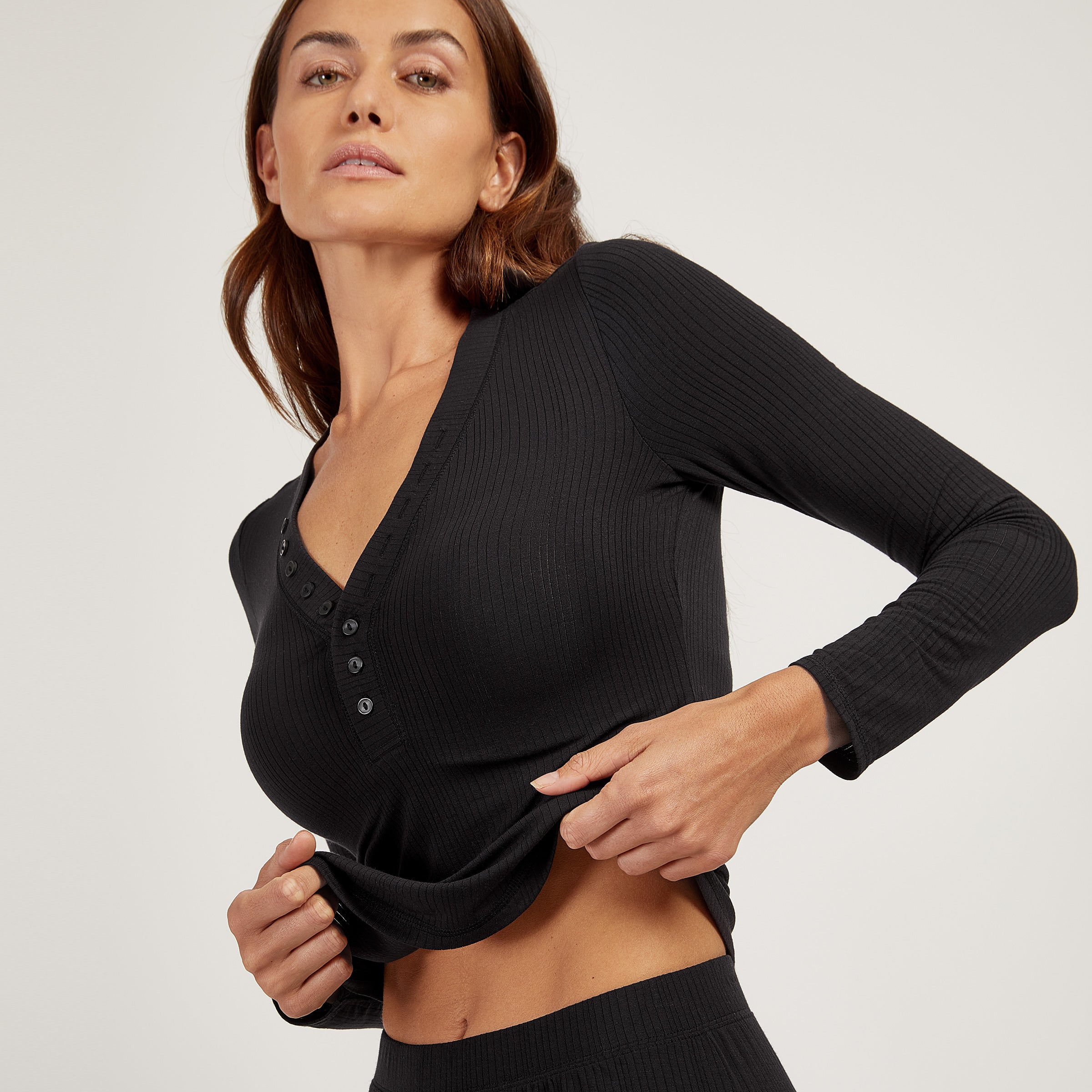 Women wearing Black Lounge Long Sleeve Henley