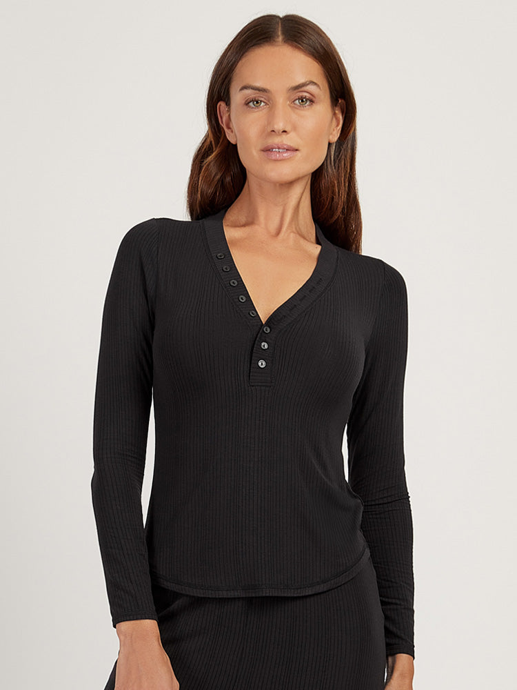 Women wearing Black Lounge Long Sleeve Henley