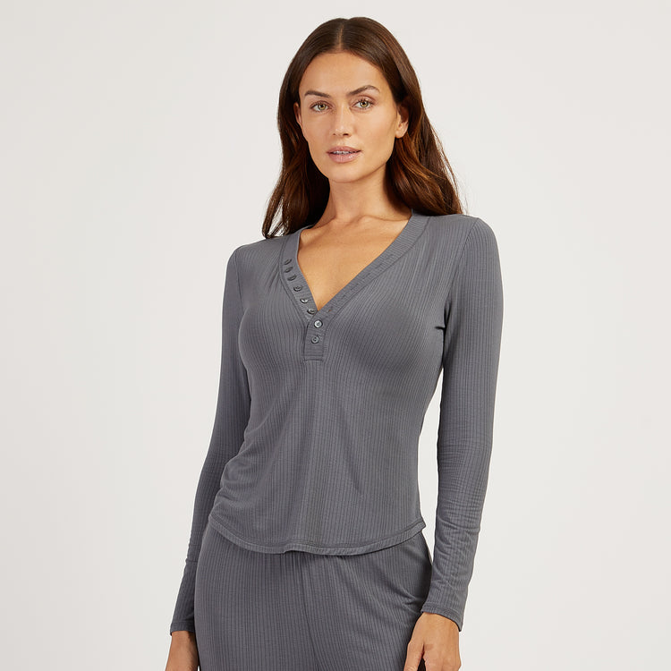 Women wearing Granite Lounge Long Sleeve Henley