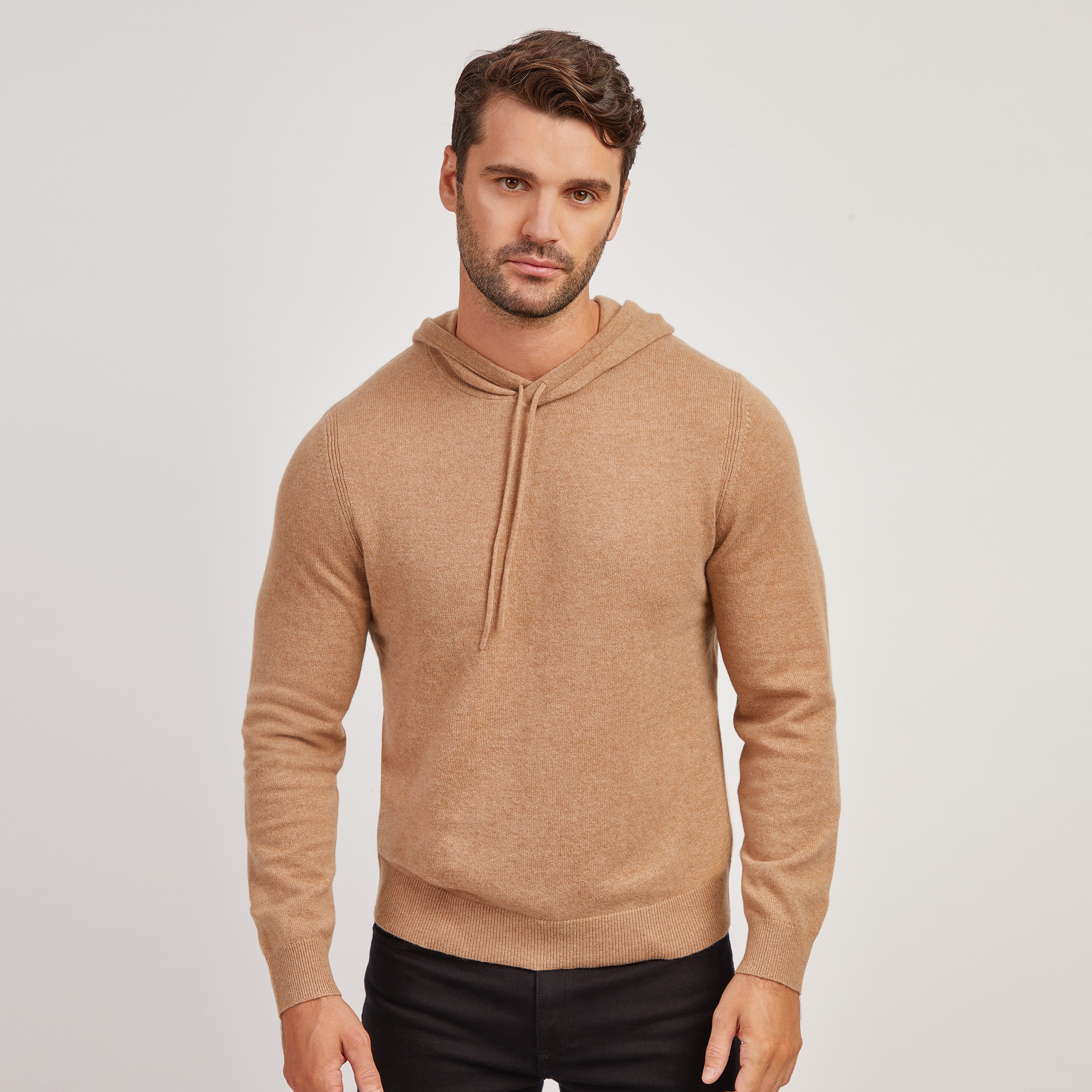 Men wearing Camel Heather Cashmere Hoodie