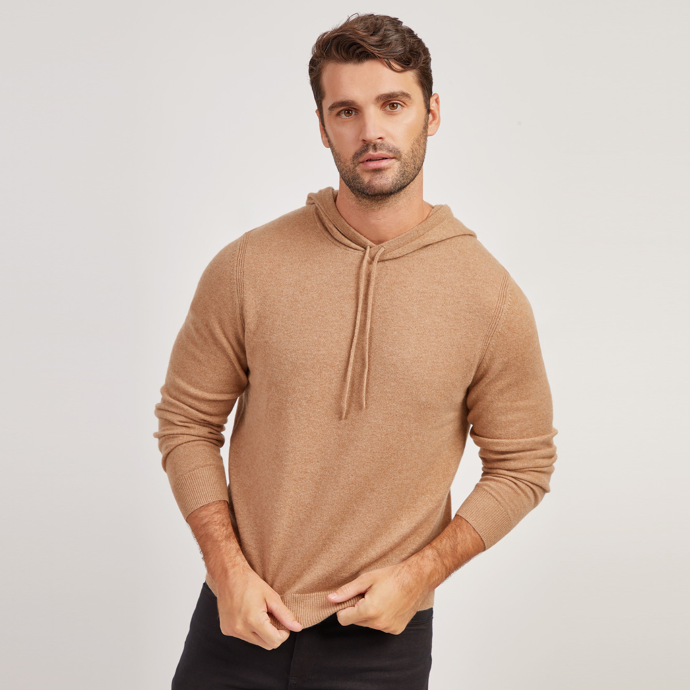 Men wearing Camel Heather Cashmere Hoodie