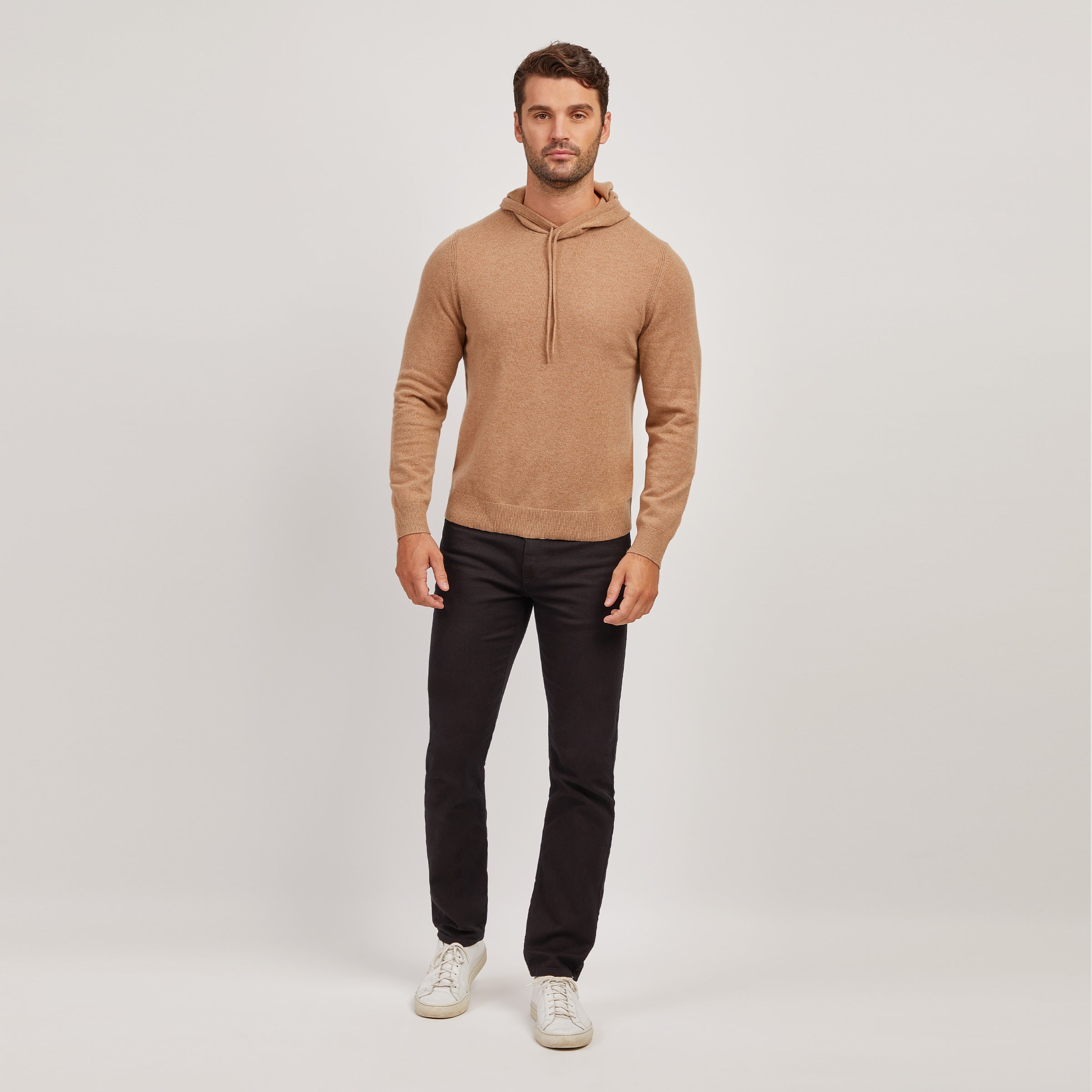 Men wearing Camel Heather Cashmere Hoodie