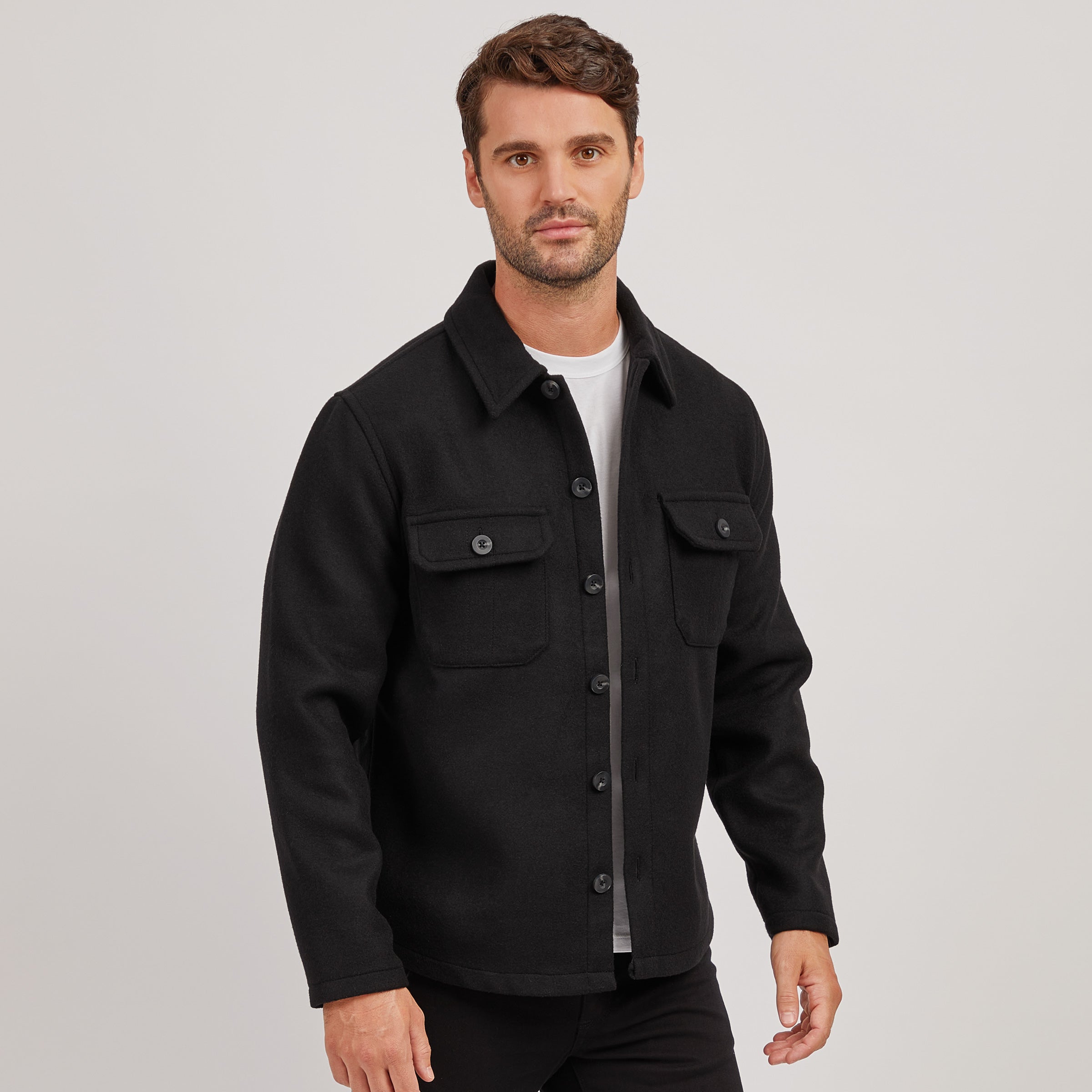 Men wearing Black Oversized Wool Shirt Jacket