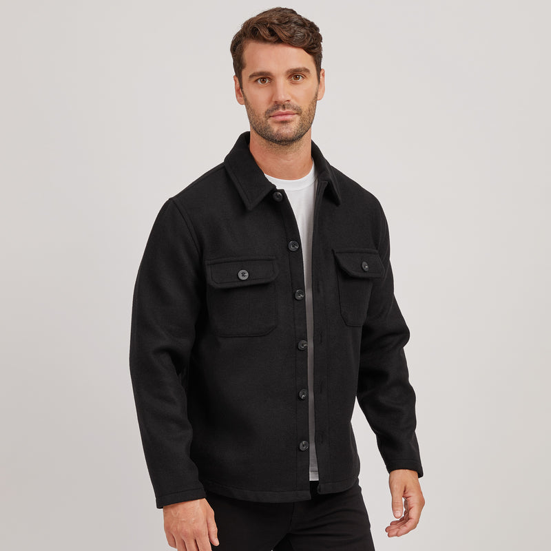 Men wearing Black Oversized Wool Shirt Jacket