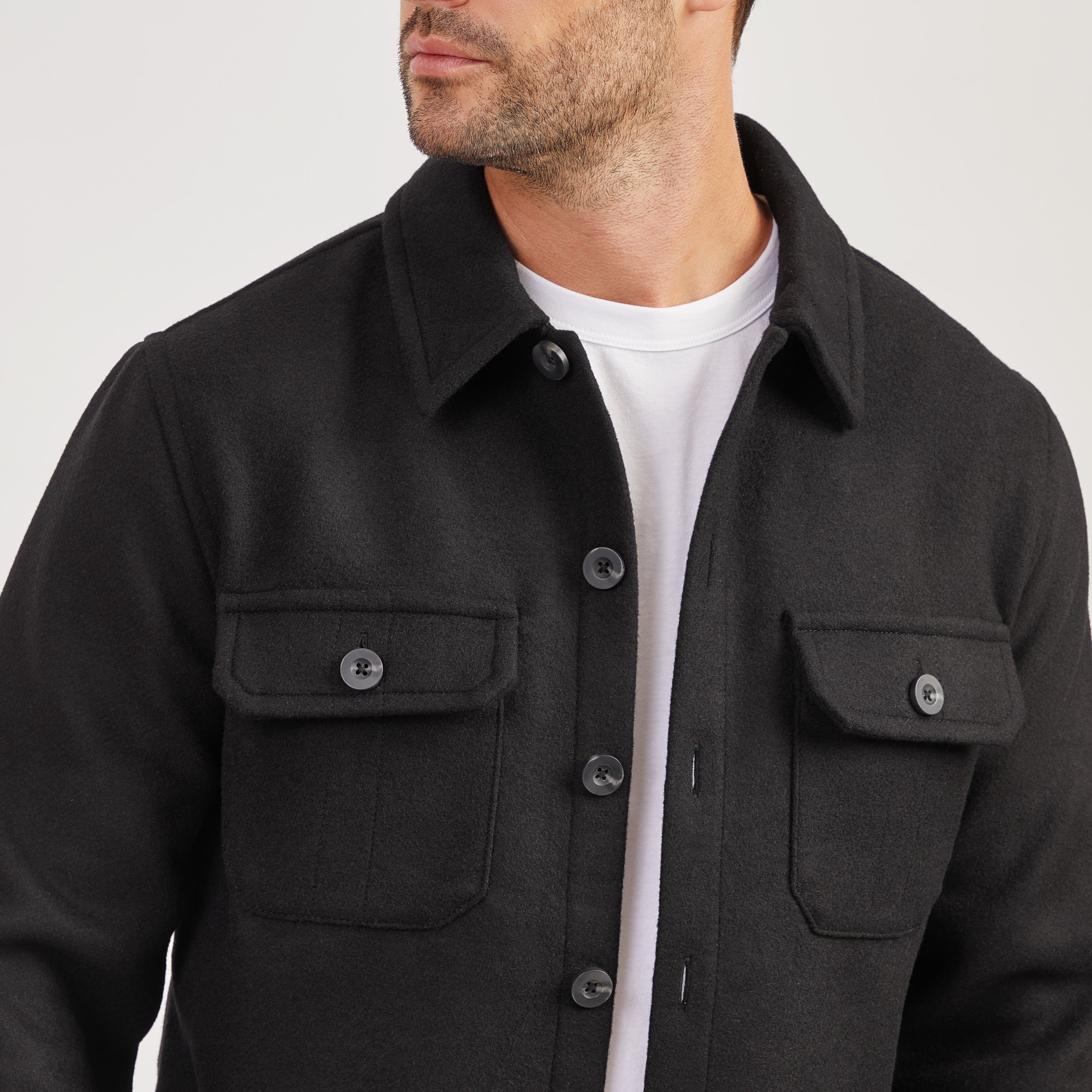 Men wearing Black Oversized Wool Shirt Jacket