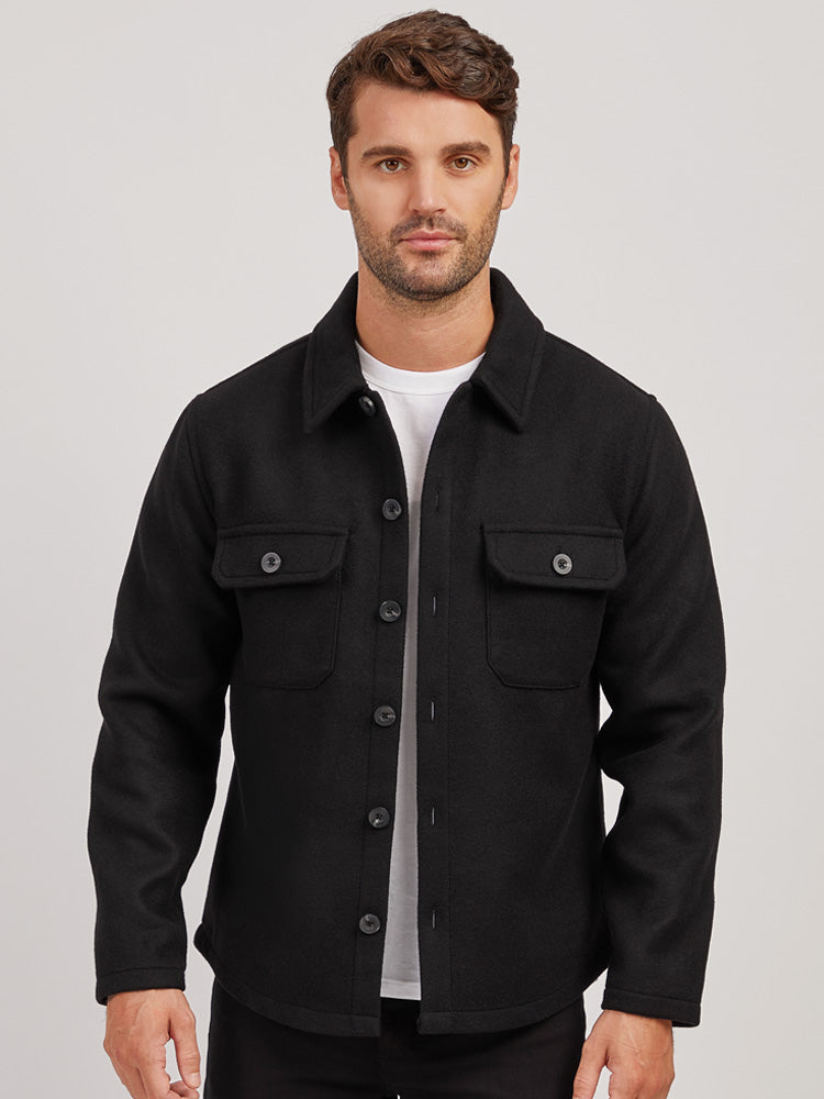 Men wearing Black Oversized Wool Shirt Jacket