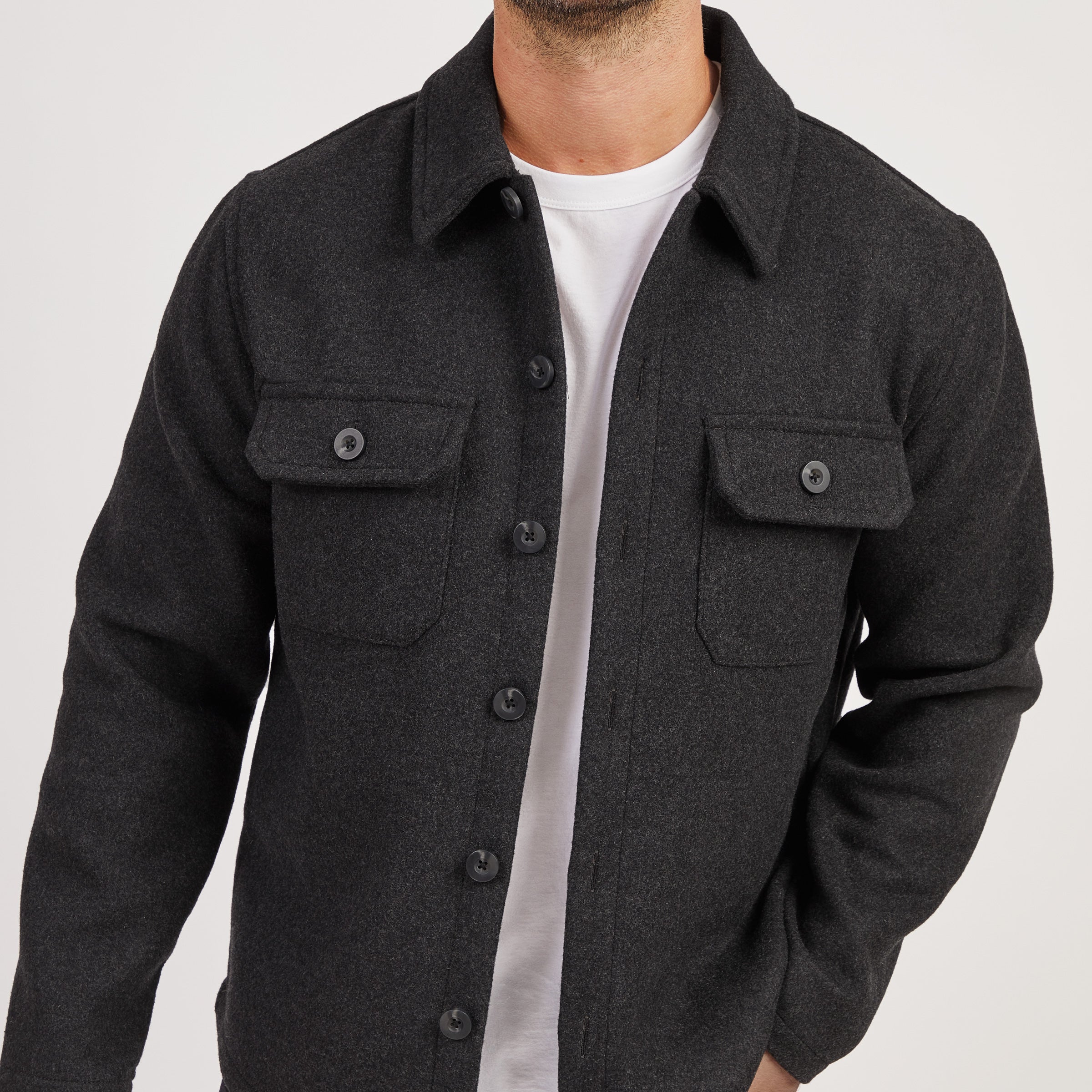 Men wearing Charcoal Oversized Wool Shirt Jacket