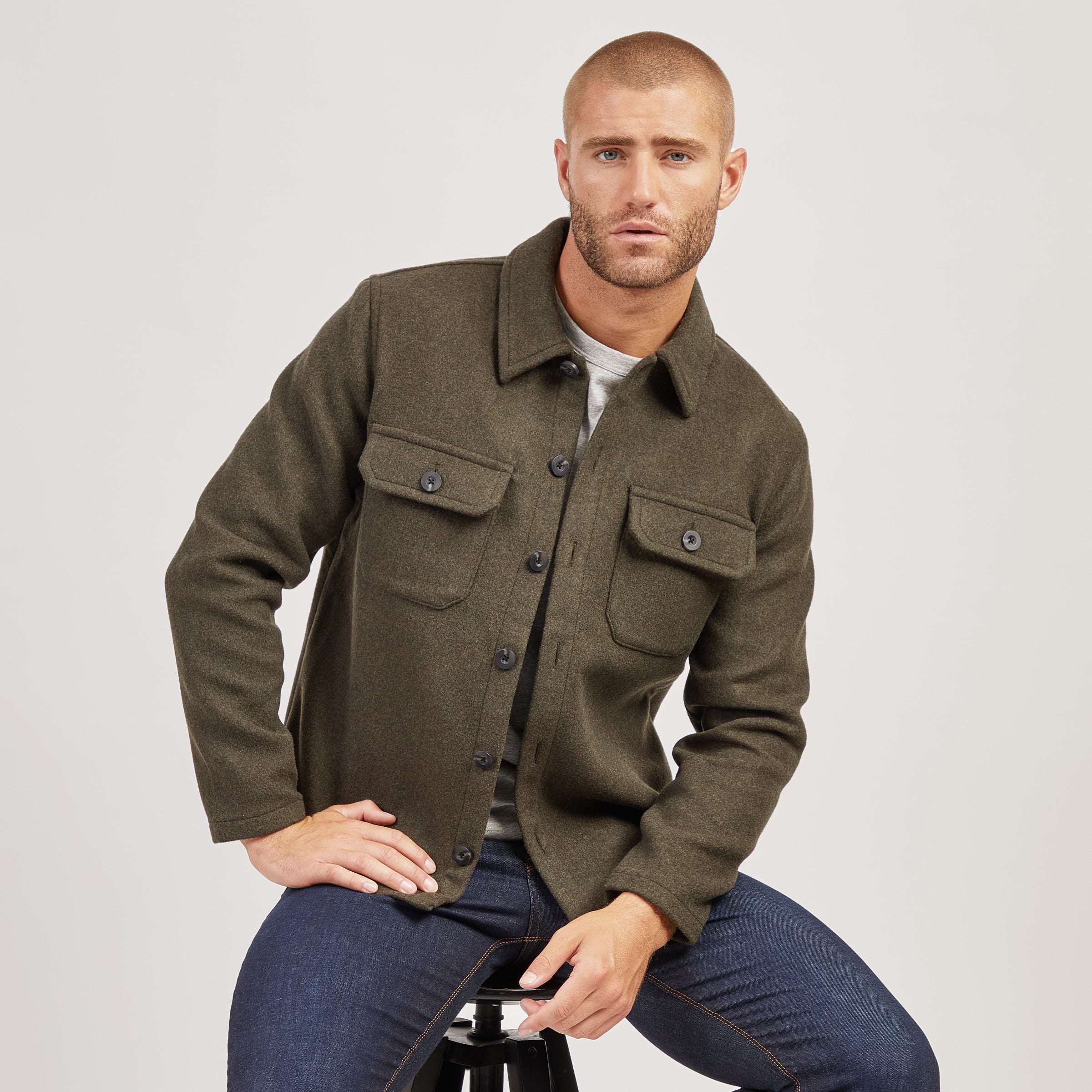 Men wearing Dark Olive Oversized Wool Shirt Jacket