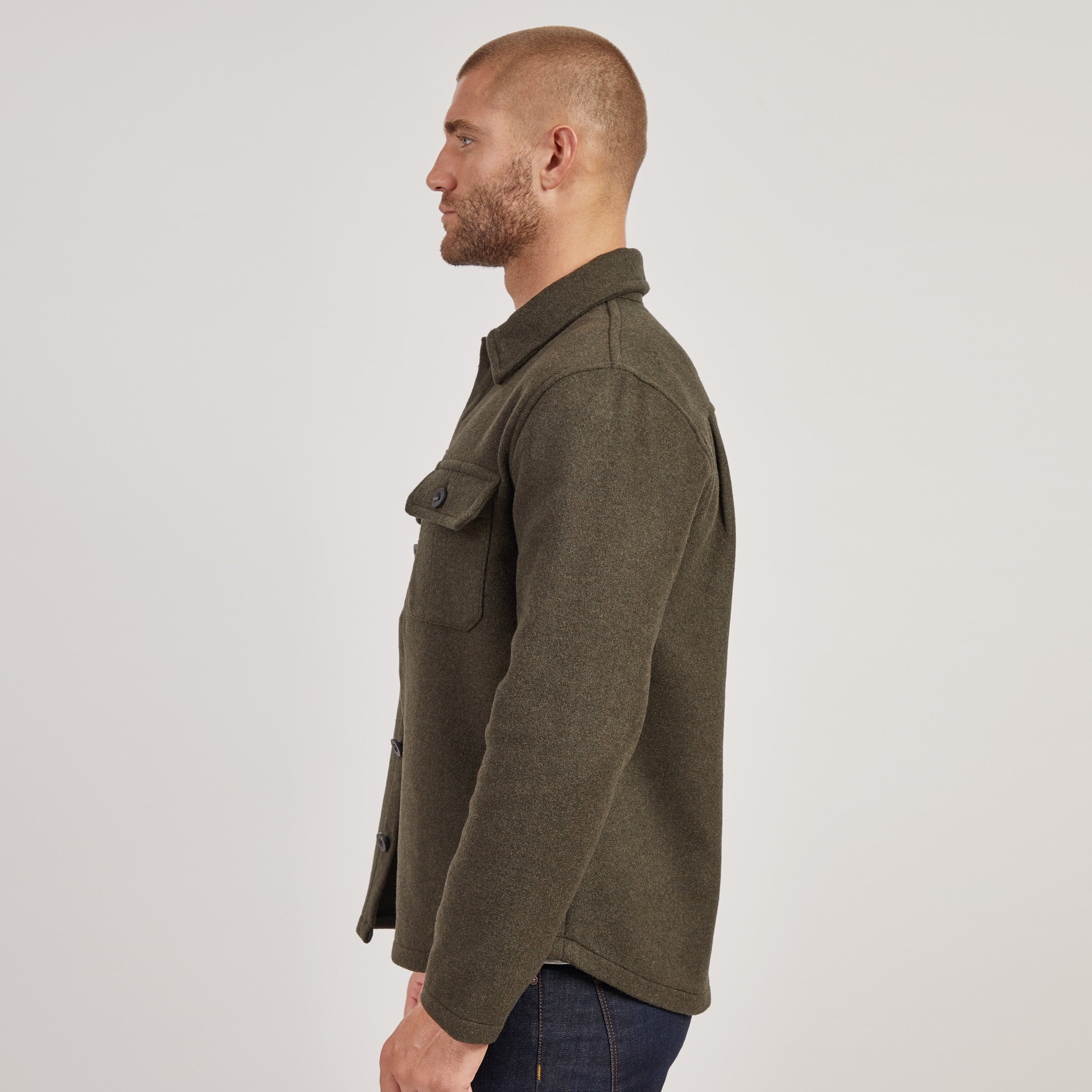 Men wearing Dark Olive Oversized Wool Shirt Jacket