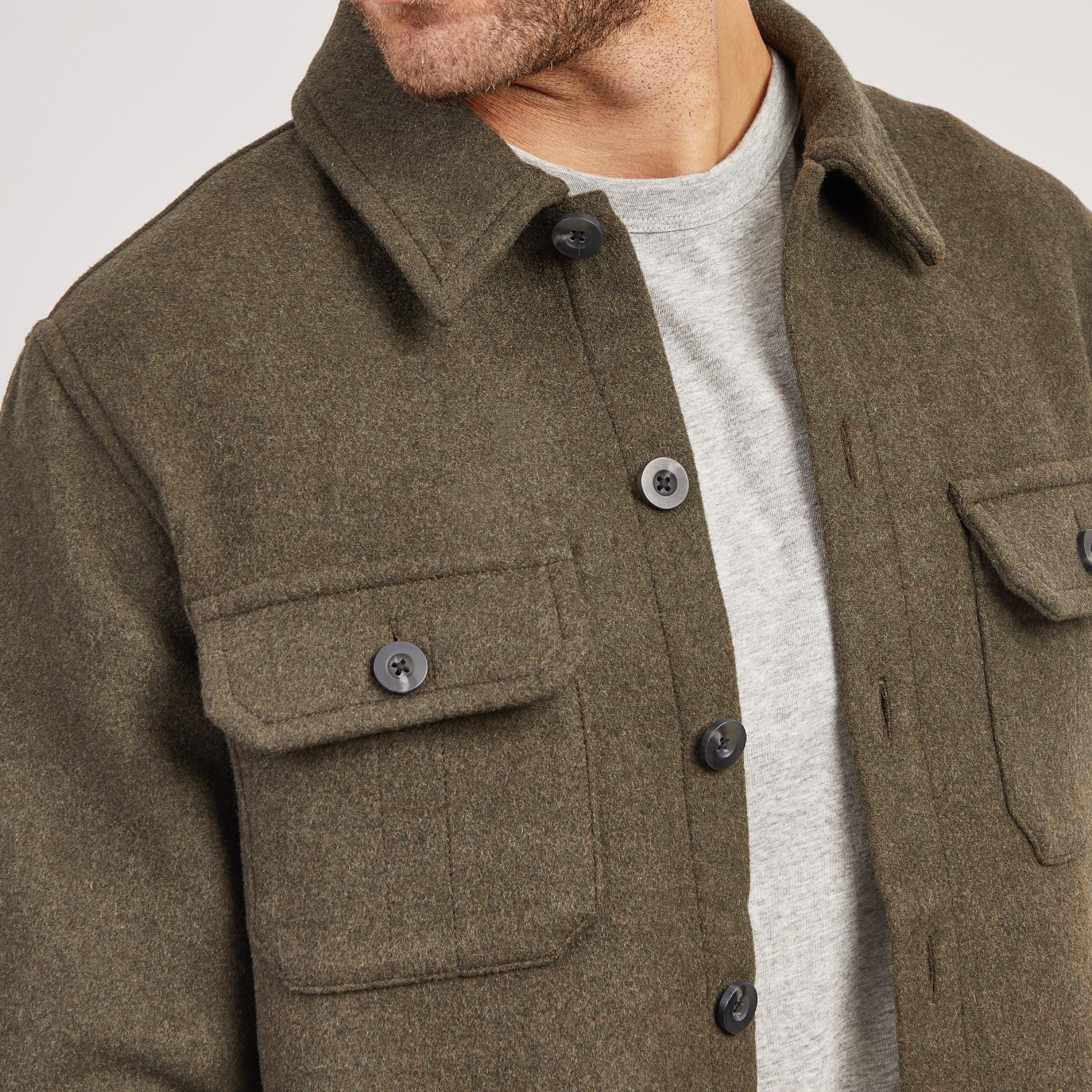 Men wearing Dark Olive Oversized Wool Shirt Jacket