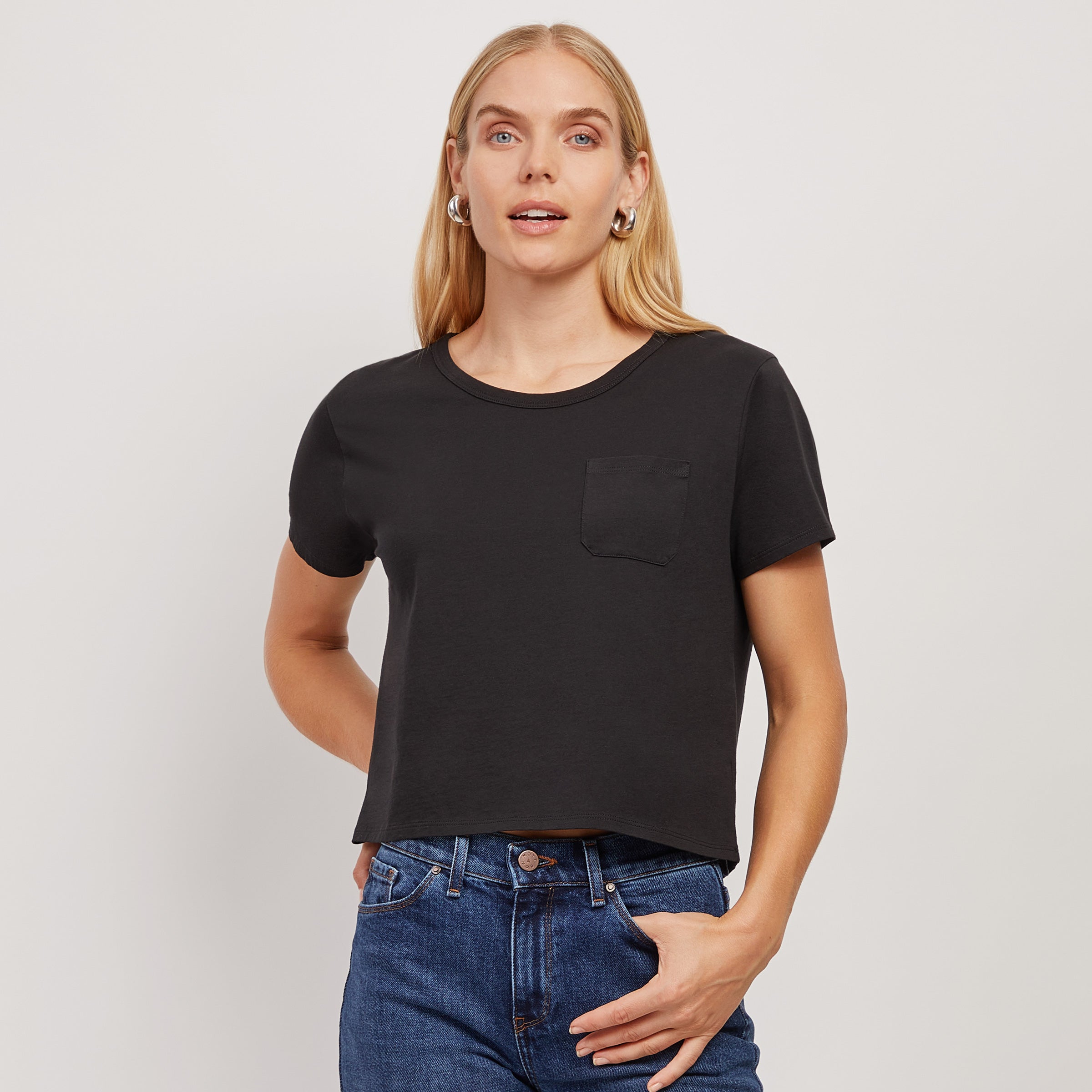 Women wearing Black The Cotton Boxy Pocket Crew Neck Tee