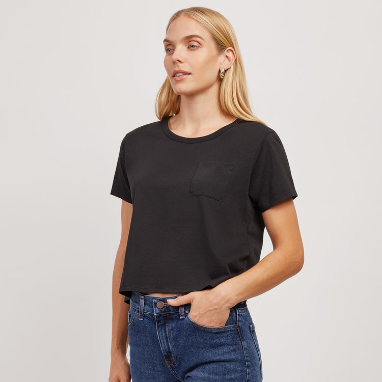 Women wearing Black The Cotton Boxy Pocket Crew Neck Tee