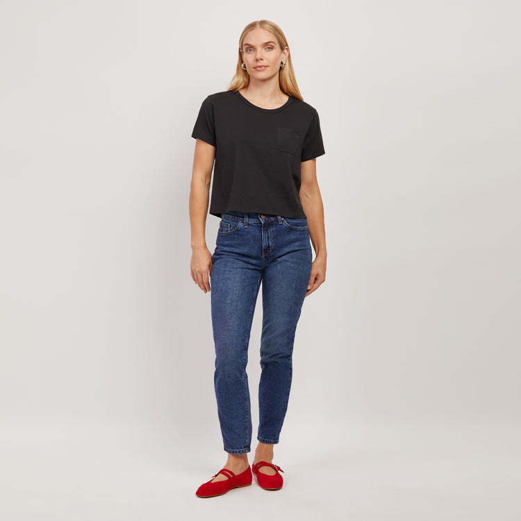 Women wearing Black The Cotton Boxy Pocket Crew Neck Tee