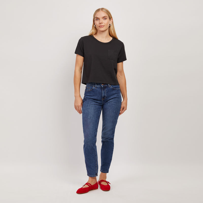 Women wearing Black The Cotton Boxy Pocket Crew Neck Tee