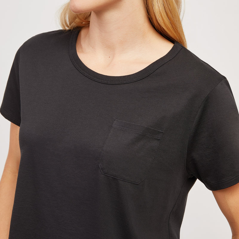 Women wearing Black The Cotton Boxy Pocket Crew Neck Tee