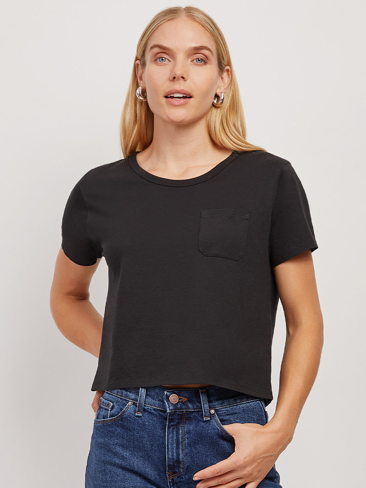 Women wearing Black The Cotton Boxy Pocket Crew Neck Tee