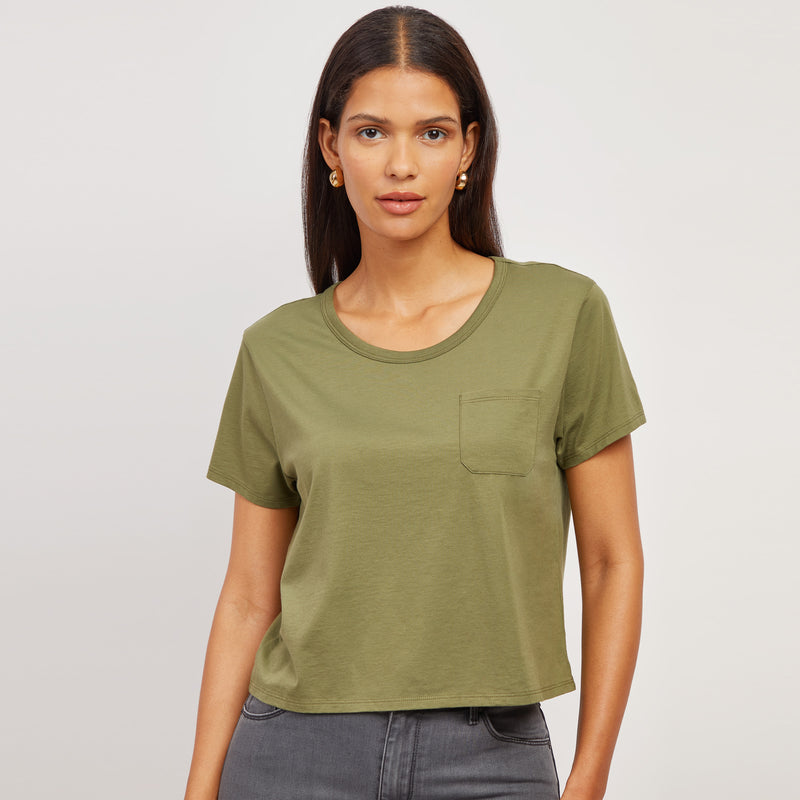 Women wearing Rosemary The Cotton Boxy Pocket Crew Neck Tee