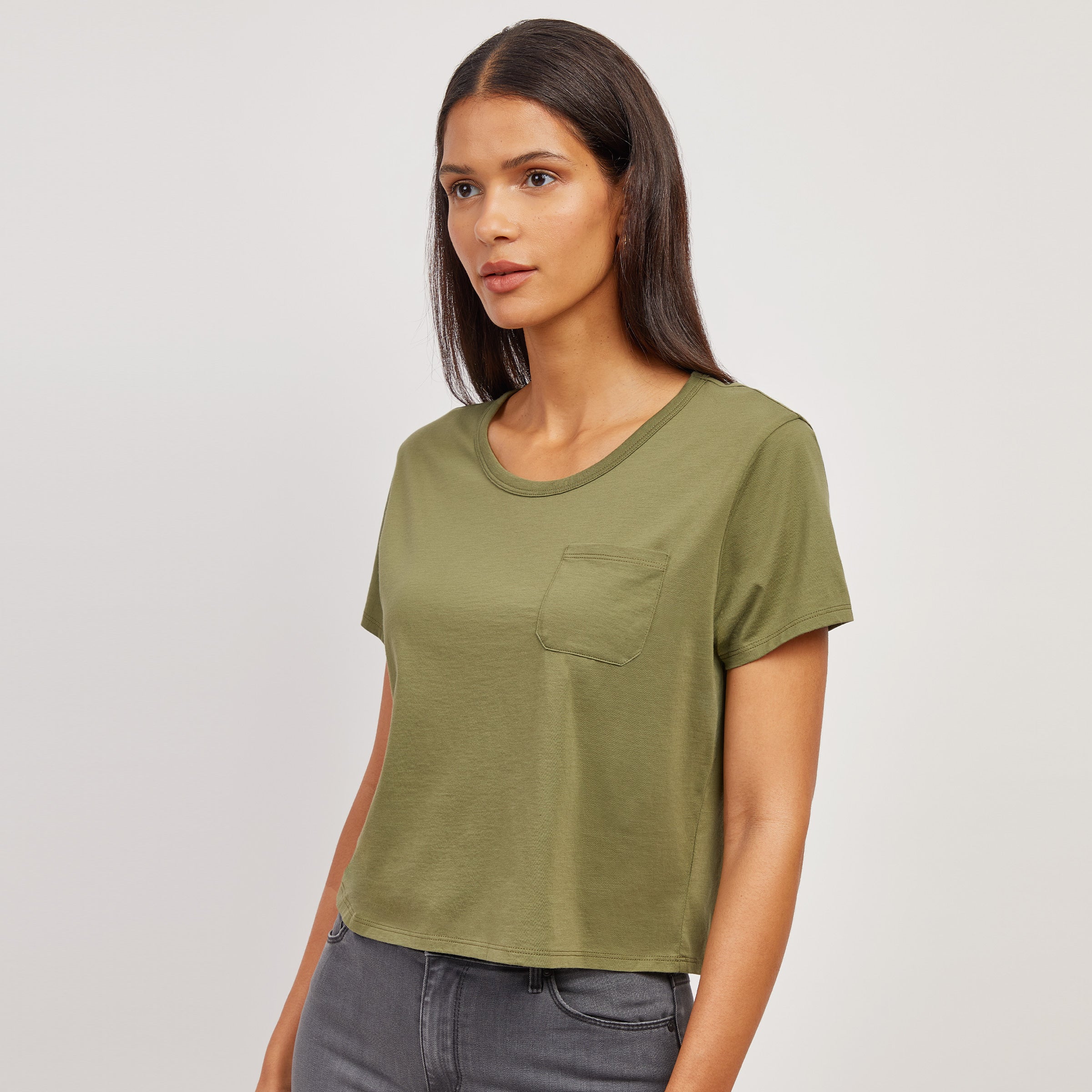 Women wearing Rosemary The Cotton Boxy Pocket Crew Neck Tee