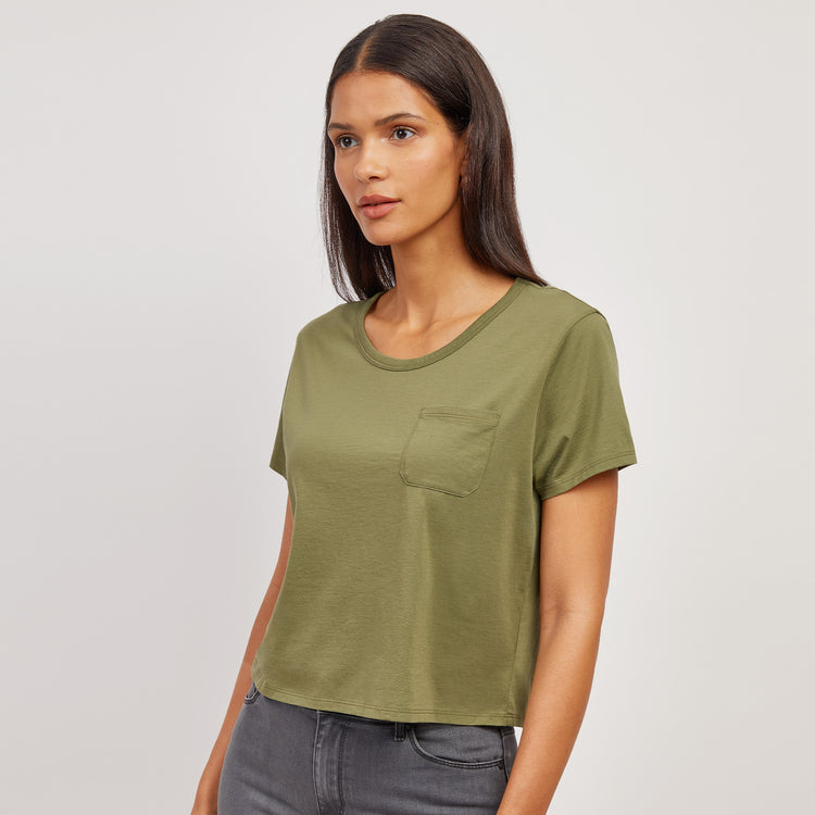 Women wearing Rosemary The Cotton Boxy Pocket Crew Neck Tee