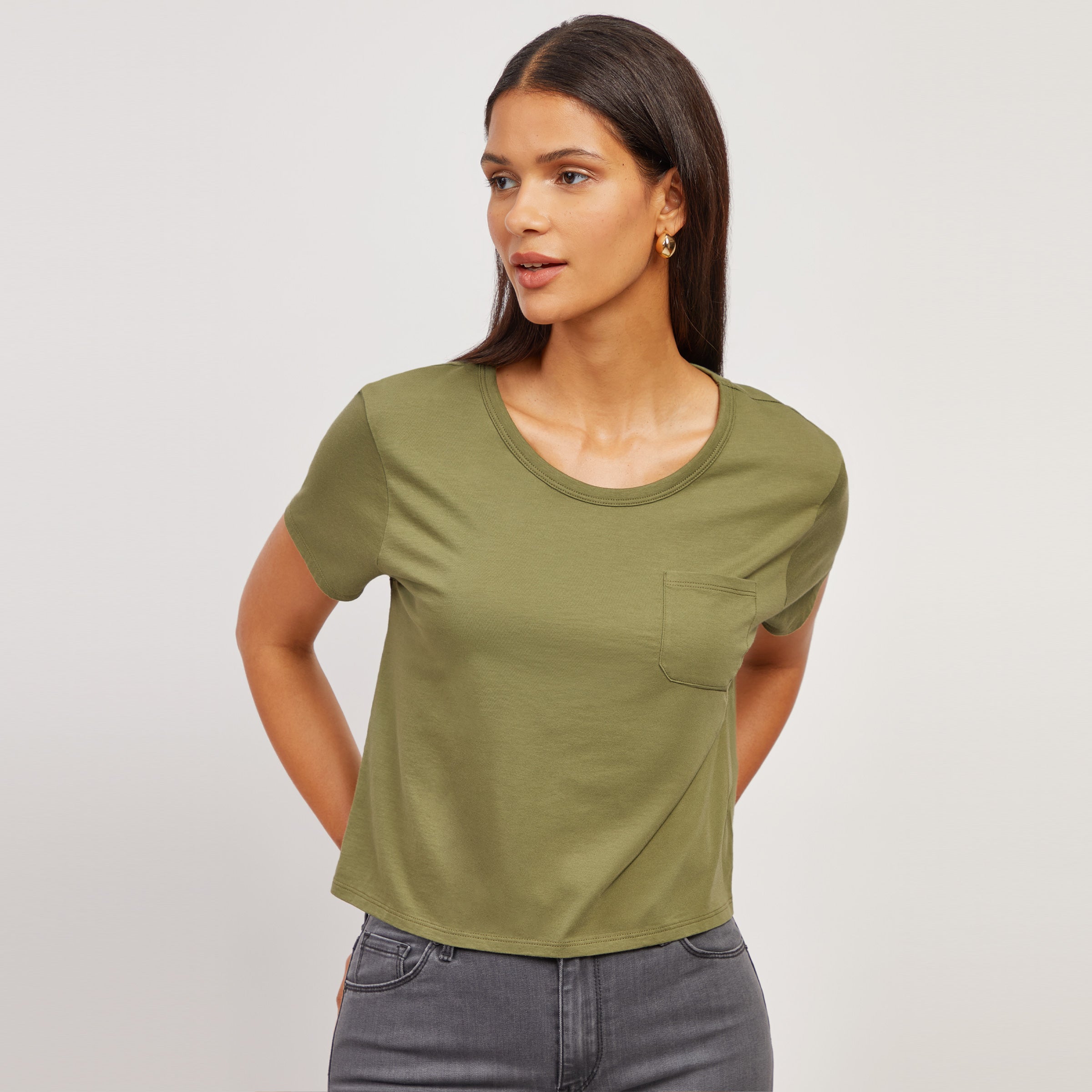 Women wearing Rosemary The Cotton Boxy Pocket Crew Neck Tee