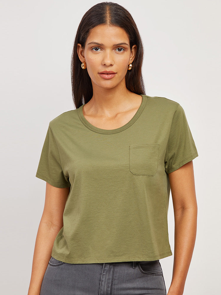 Women wearing Rosemary The Cotton Boxy Pocket Crew Neck Tee