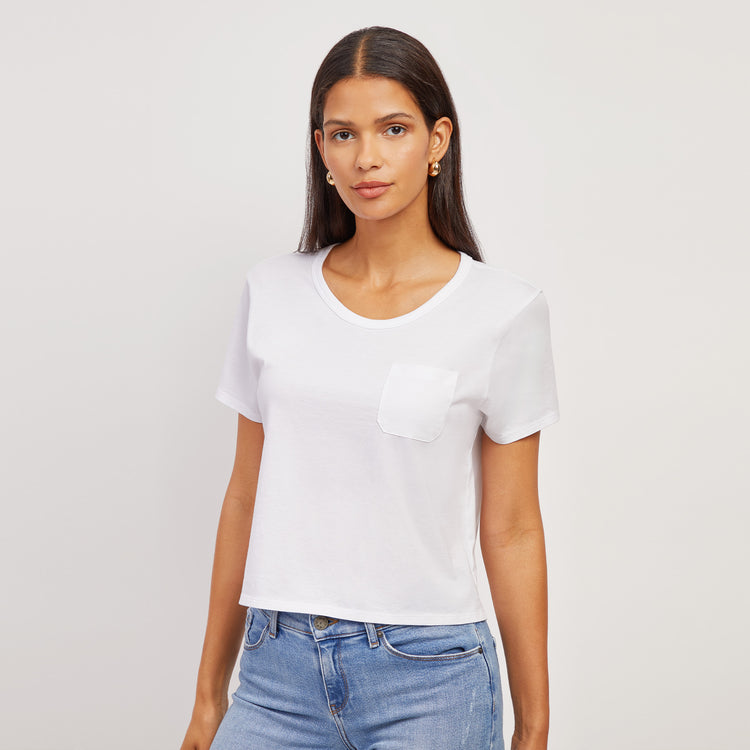 Women wearing White The Cotton Boxy Pocket Crew Neck Tee