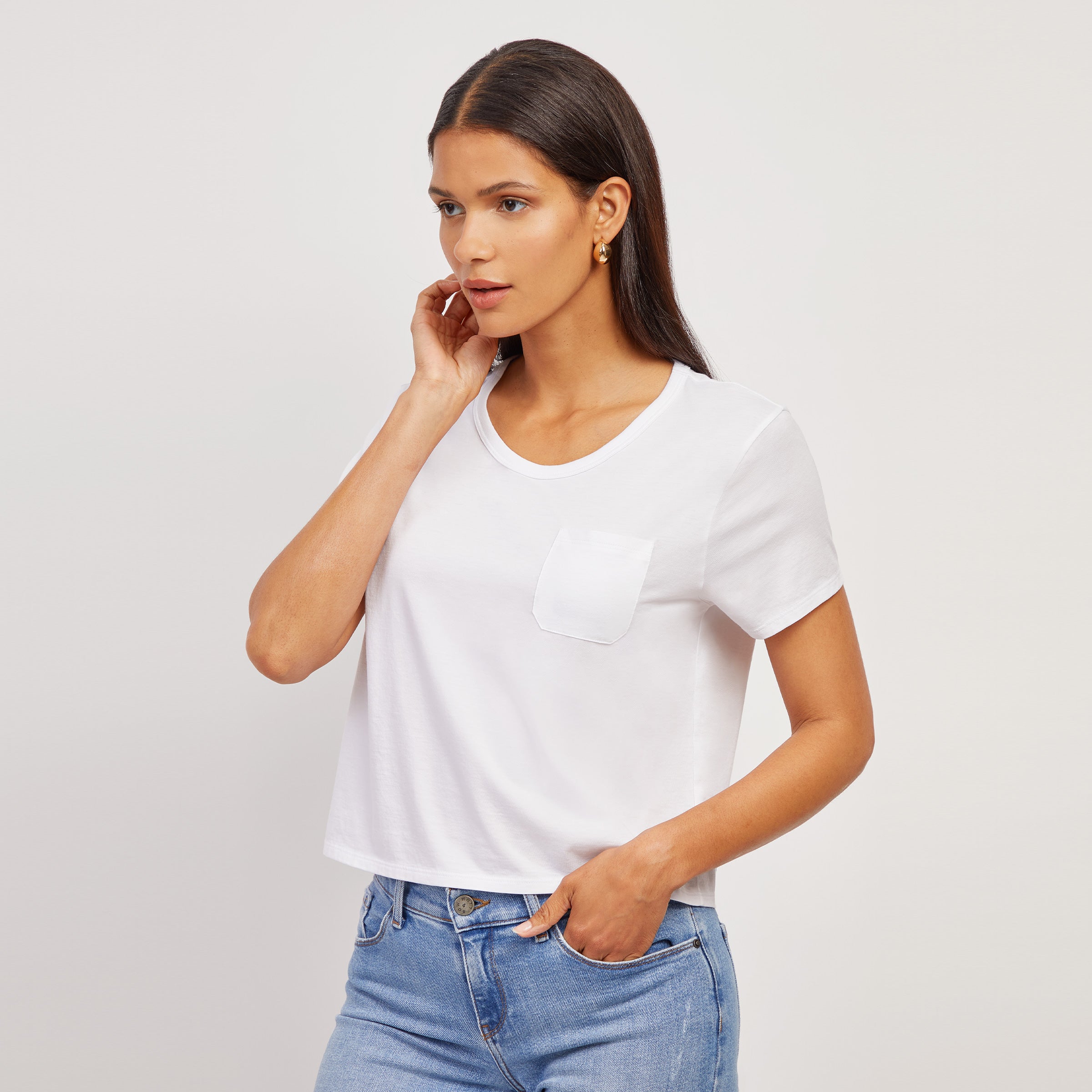 Women wearing White The Cotton Boxy Pocket Crew Neck Tee