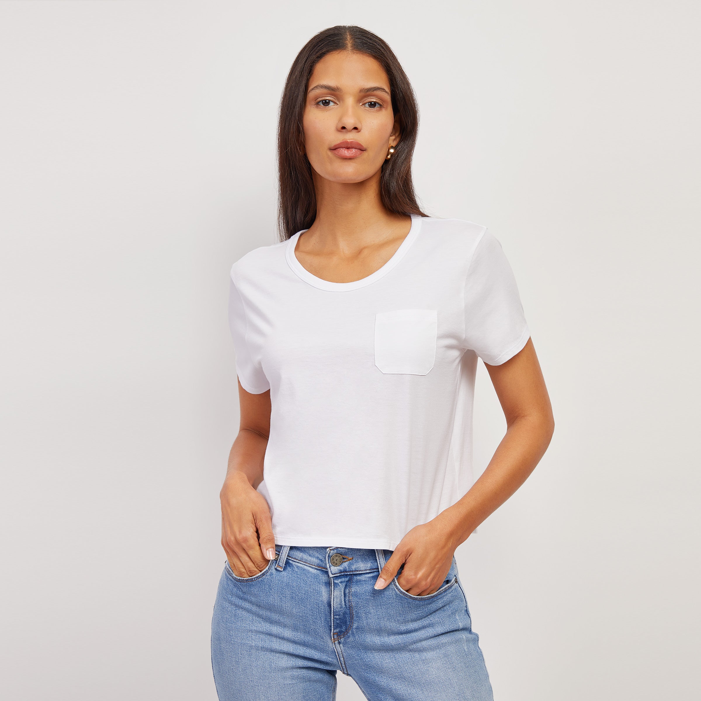 Women wearing White The Cotton Boxy Pocket Crew Neck Tee