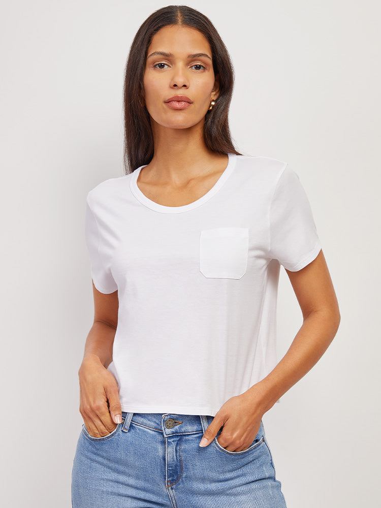 Women wearing White The Cotton Boxy Pocket Crew Neck Tee