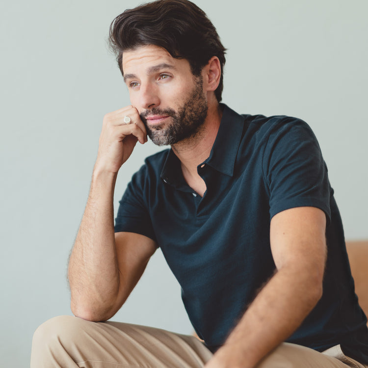 Men wearing Navy Jersey Sueded Polo