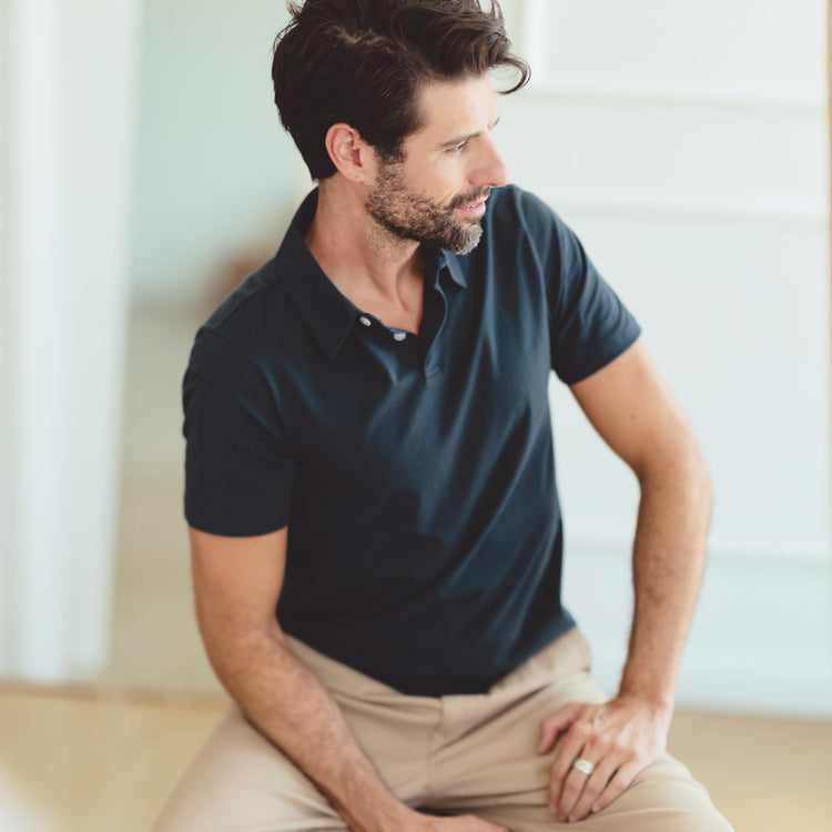 Men wearing Navy Jersey Sueded Polo