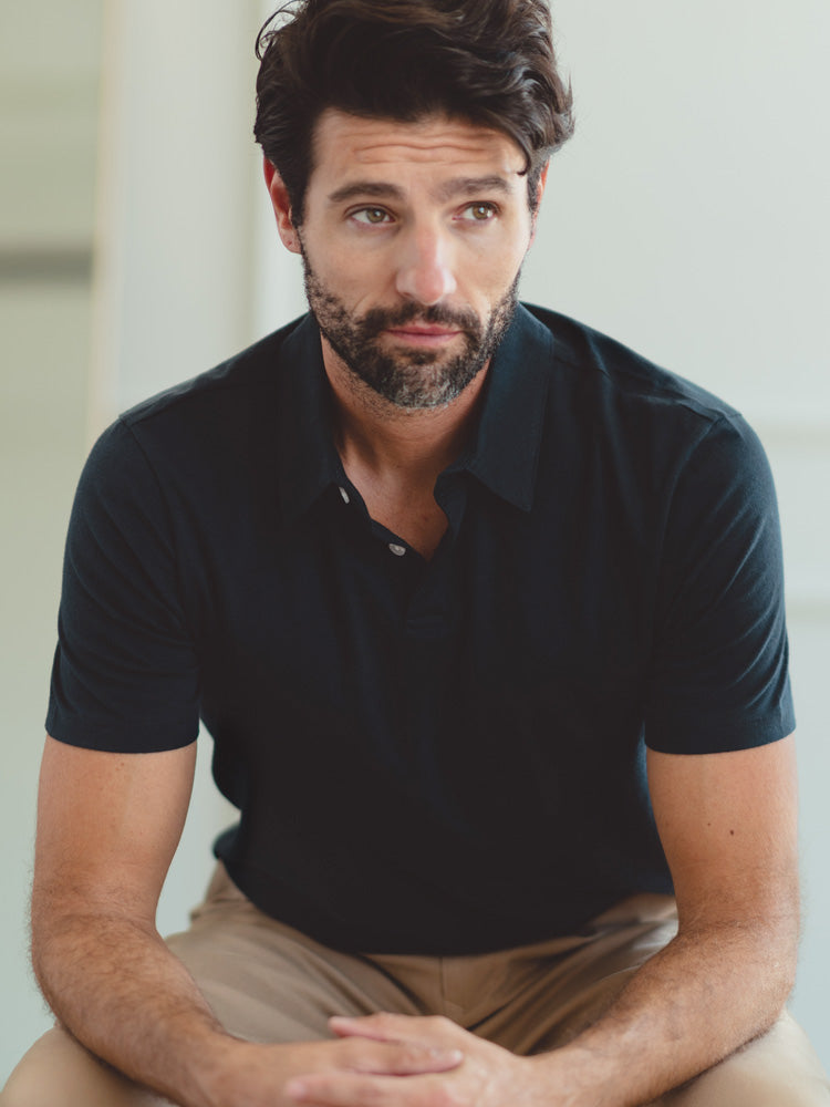 Men wearing Navy Jersey Sueded Polo