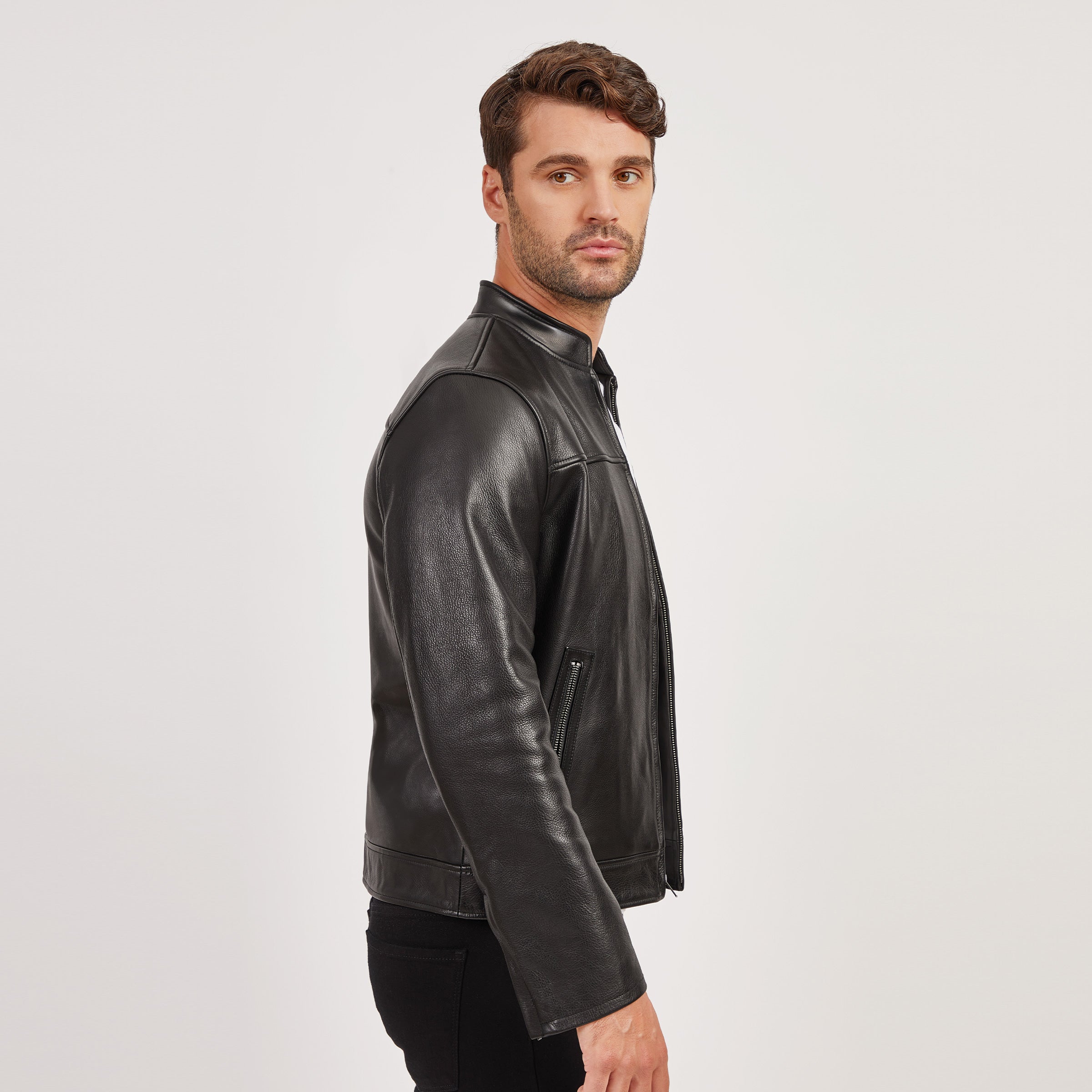 Men wearing Black Leather Racer Jacket