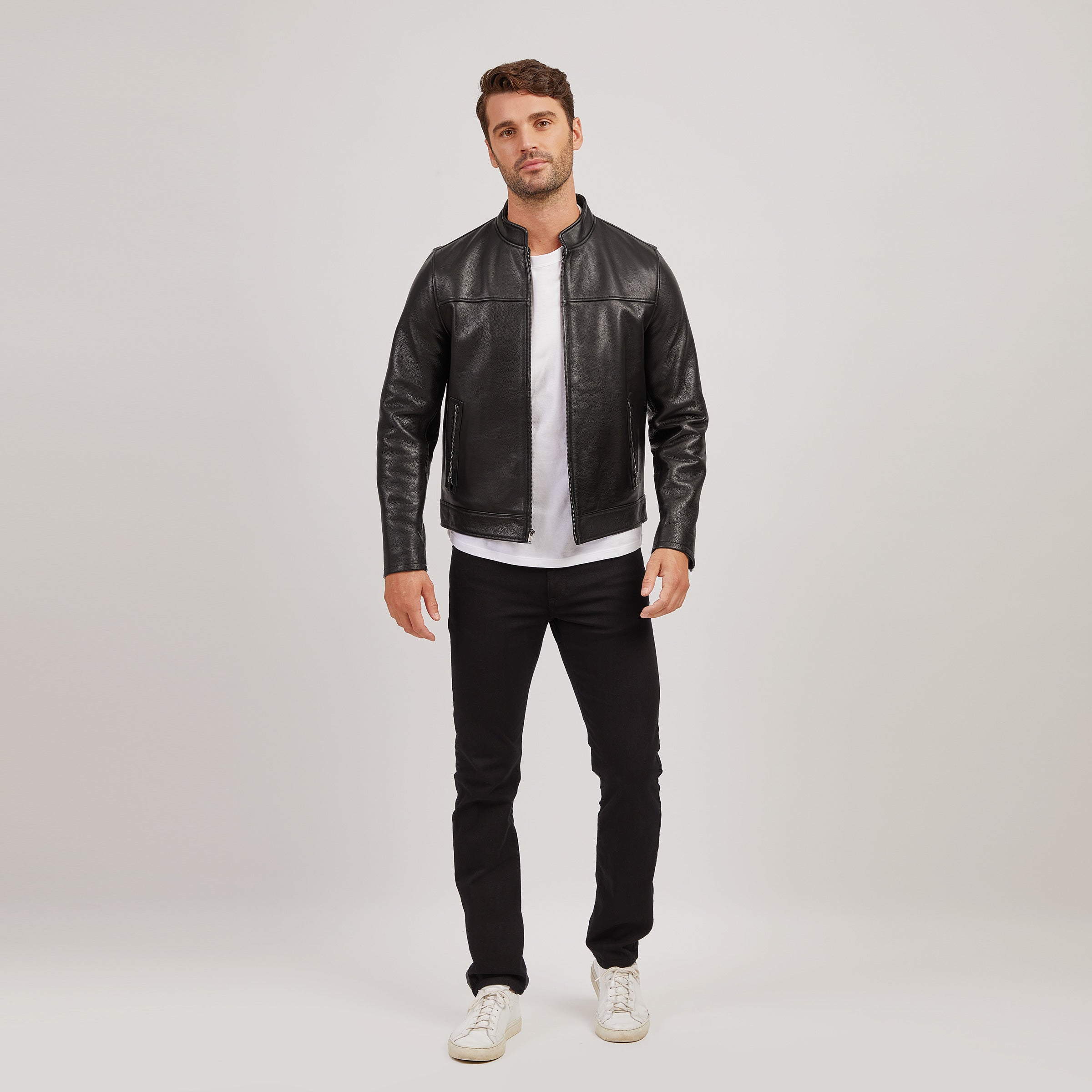 Men wearing Black Leather Racer Jacket