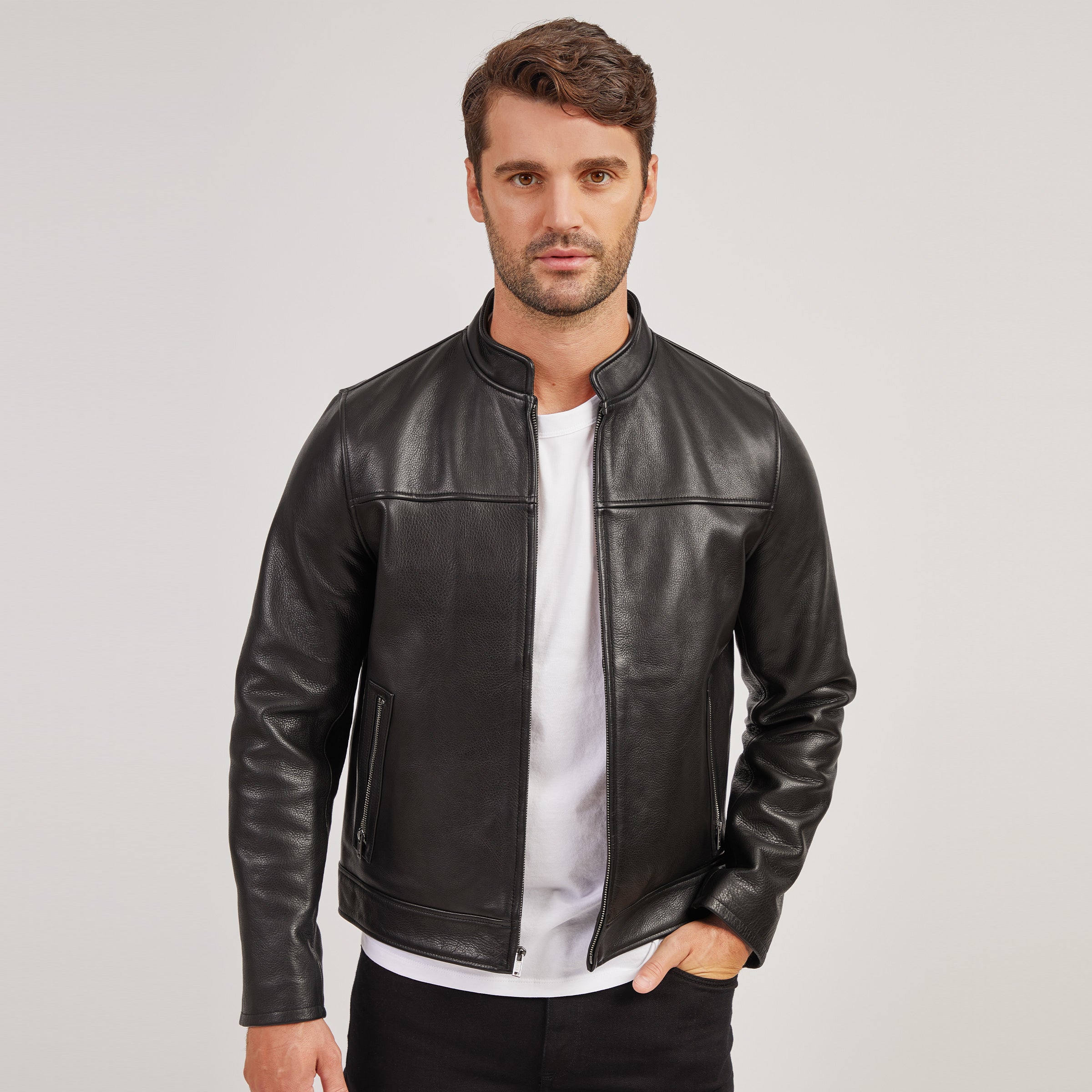 Mens black leather racer jacket hotsell