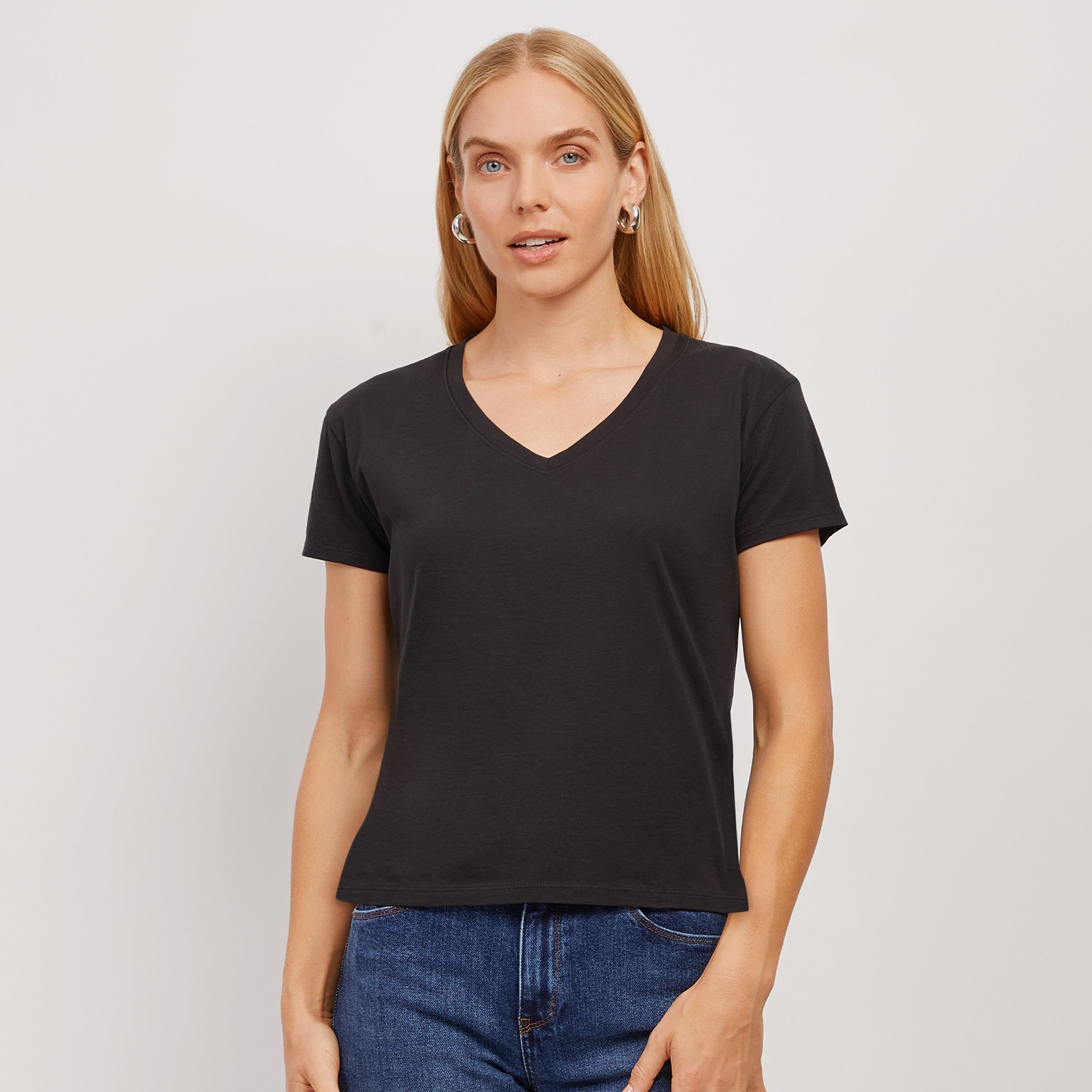 Women wearing Black The Cotton Relaxed V-Neck Tee