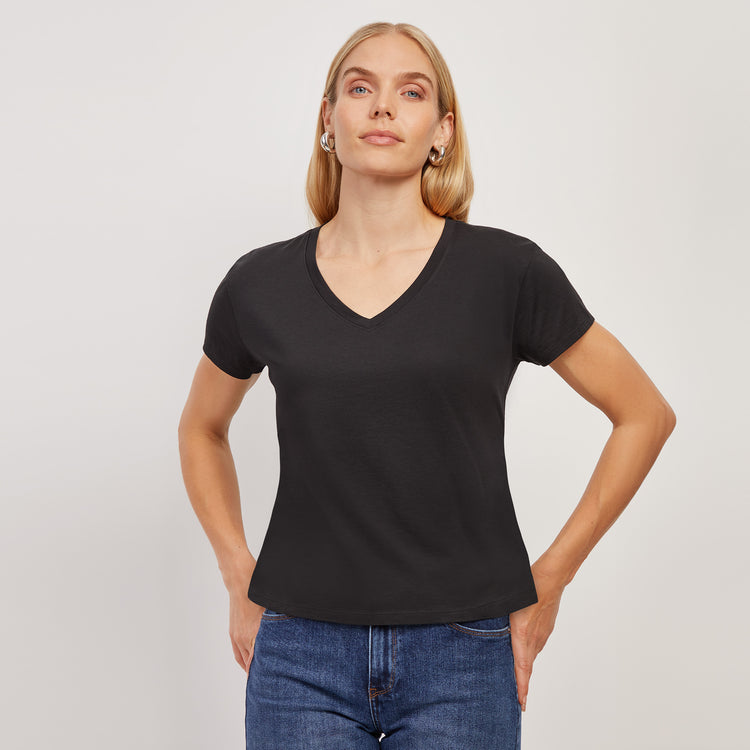 Women wearing Black The Cotton Relaxed V-Neck Tee