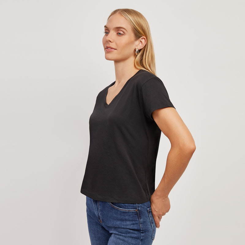 Women wearing Black The Cotton Relaxed V-Neck Tee