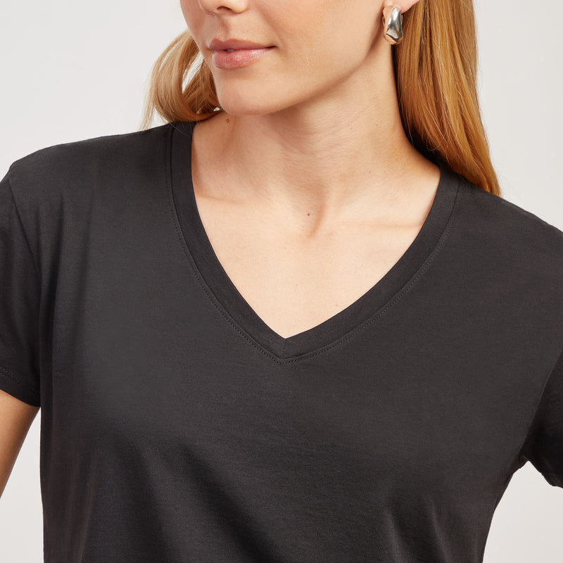 Women wearing Black The Cotton Relaxed V-Neck Tee