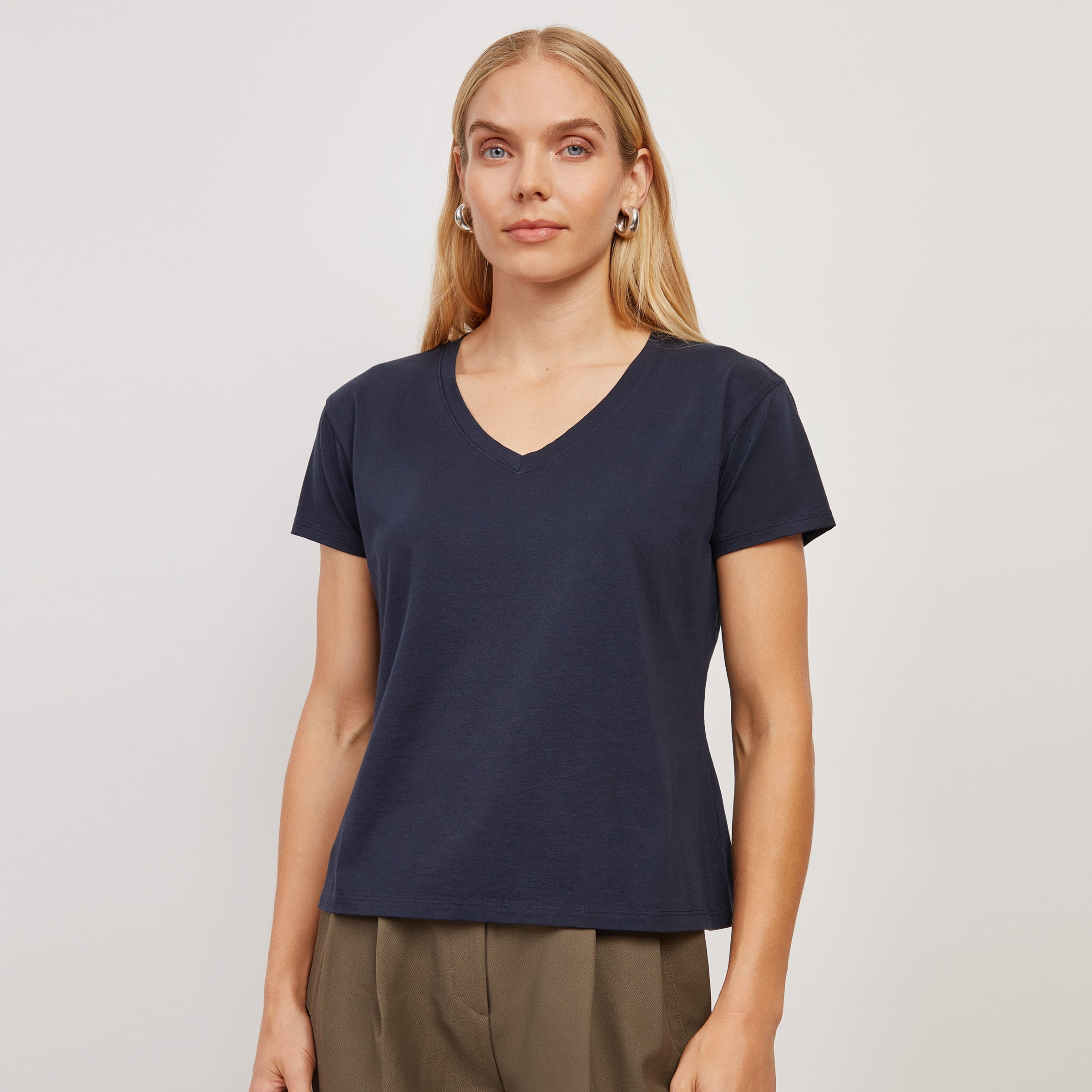 Women wearing Navy The Cotton Relaxed V-Neck Tee